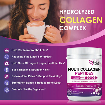 NATURE TARGET Multi Collagen Peptides Powder - Type I, II, III, V, X - Hydrolyzed Collagen Peptides with Vitamin C Hyaluronic Acid, Supports Skin Hair Nail & Joint NATURE TARGETUS supplements
