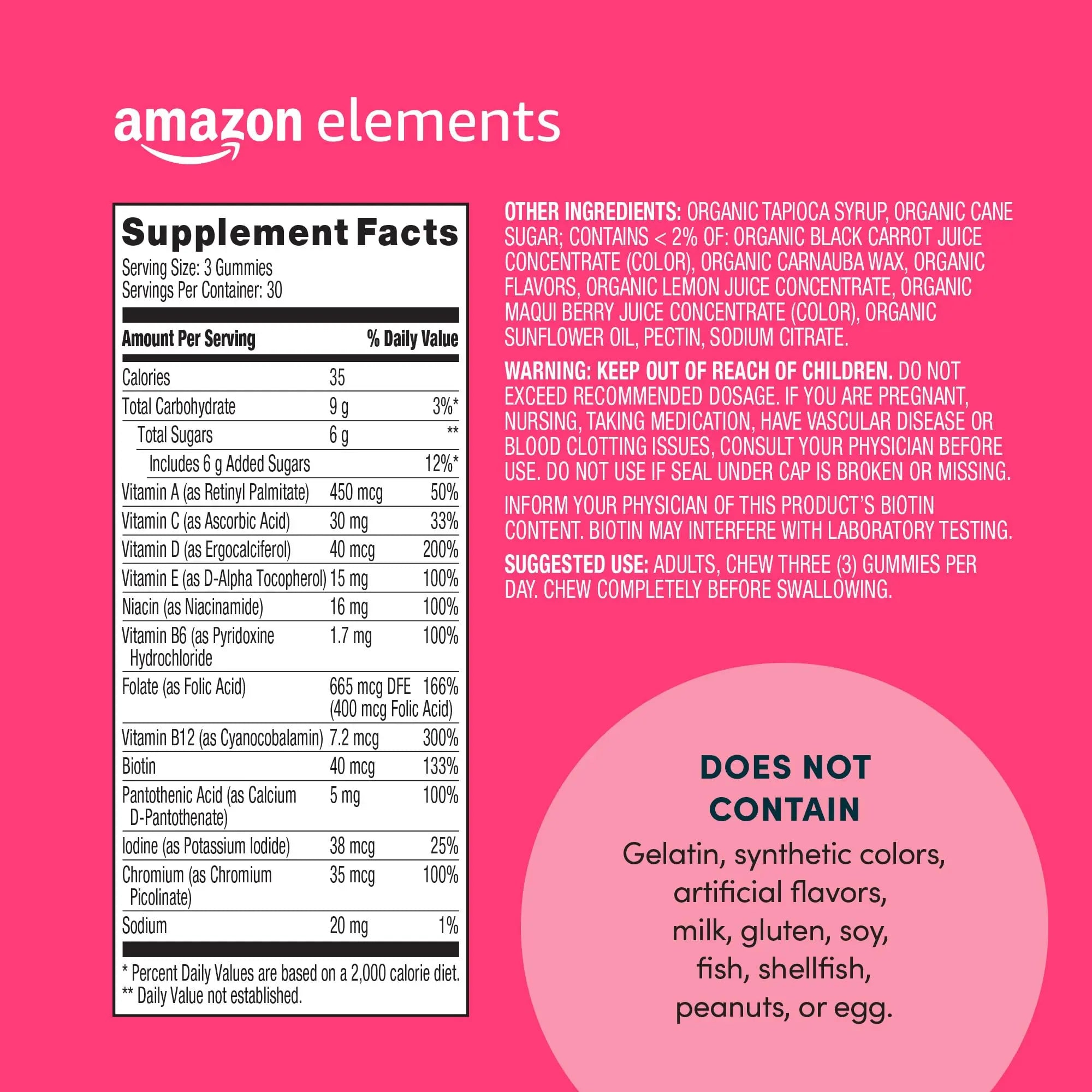 Amazon Elements - Adult Women’s Organic Multivitamins, 90 Gummies (30 servings), Vegetarian Amazon ElementsAu supplements