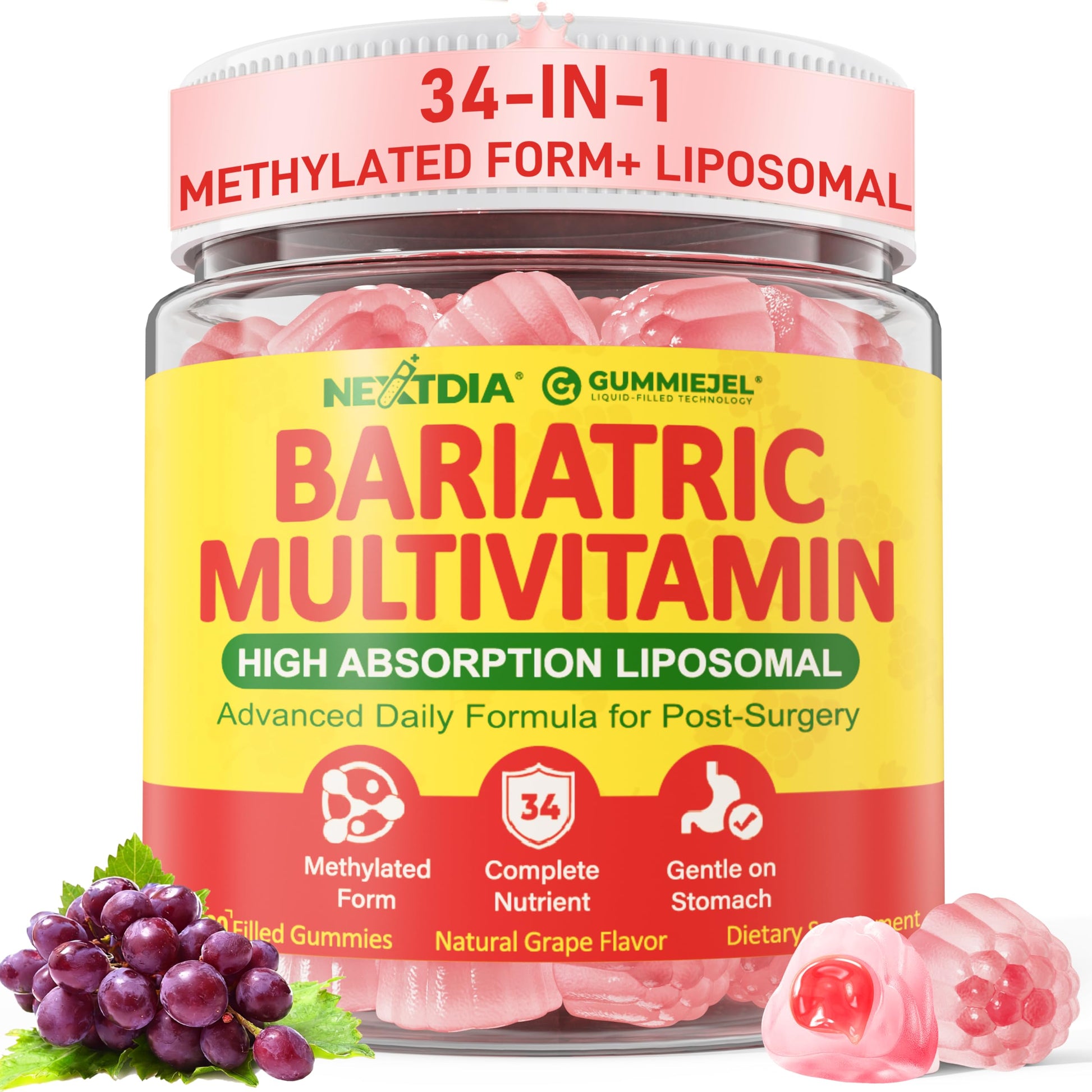Liposomal Methylated Bariatric Multivitamin Gummies with Iron for Women & Men, High Absorption Multivitamin w/CoQ 10, Probiotic, Digestive Enzymes Support Gastric Bypass & Sleeve Recover, Energy,1Pack NextdiaAu supplements
