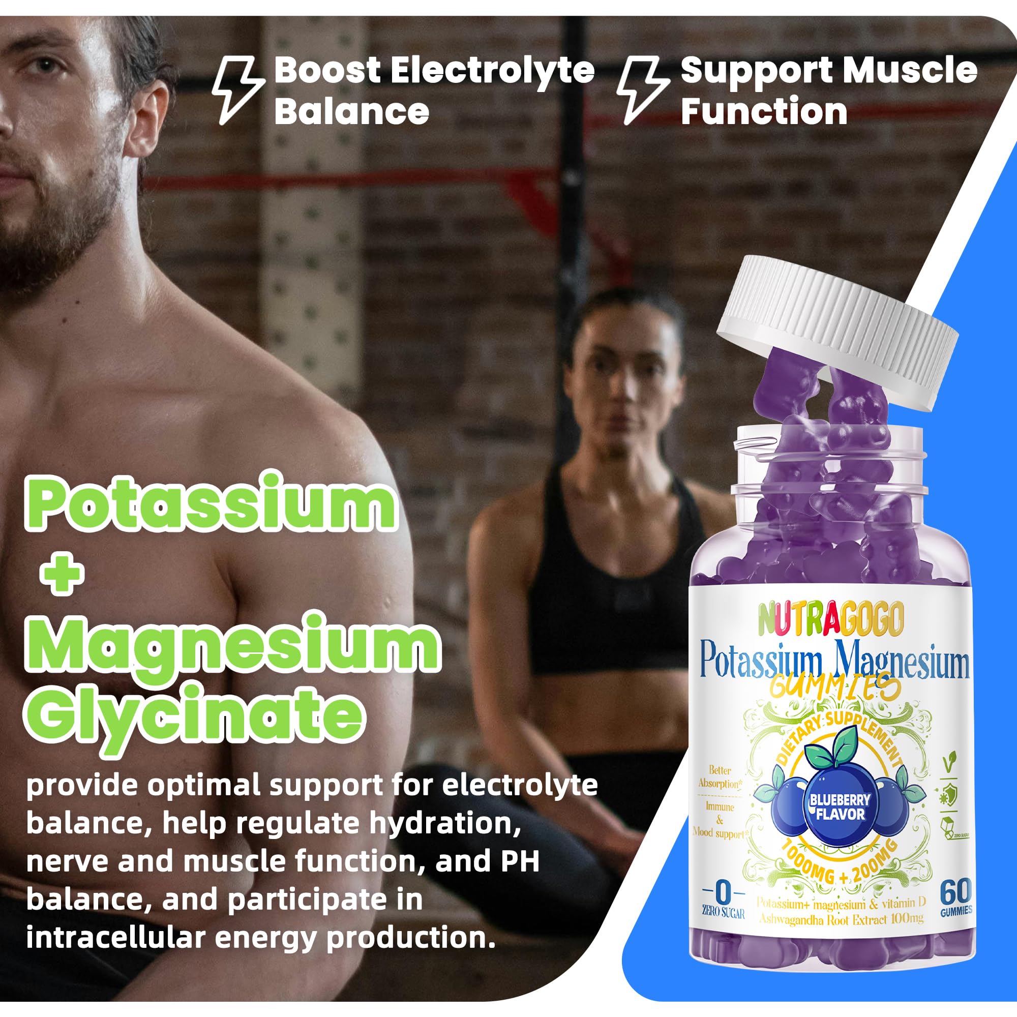 Potassium Magnesium Gummies,Potassium Supplement w/Ashwagandha,High Absorption Magnesium Glycinate,B6,D3,Potassium Citrate for Leg Cramps,Muscle,Electroyte for Adults Kids,Sugar-Free, 60 Gummies NUTRAGOGOAu supplements