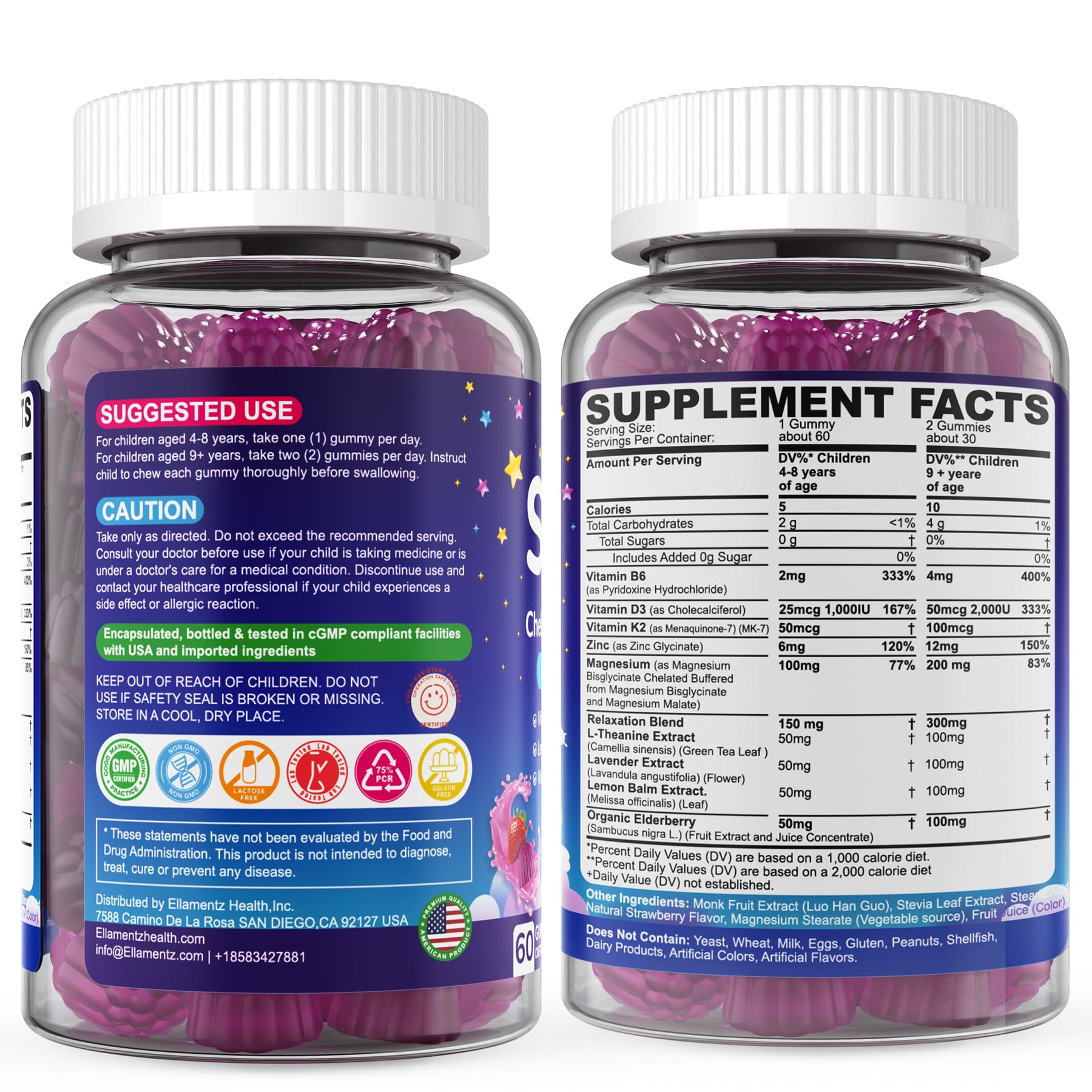 Kids Sleep Gummies, NO Melatonin Sleep Aid Gummies w/ Magnesium Glycinate, Magnesium Malate, L-Theanine, Lavender, B6, Zinc, D3K2 for Restful Sleep, Relax Brain & Muscle, Immune Support, Non-GMO 1Pack ELLAMENTZAu supplements
