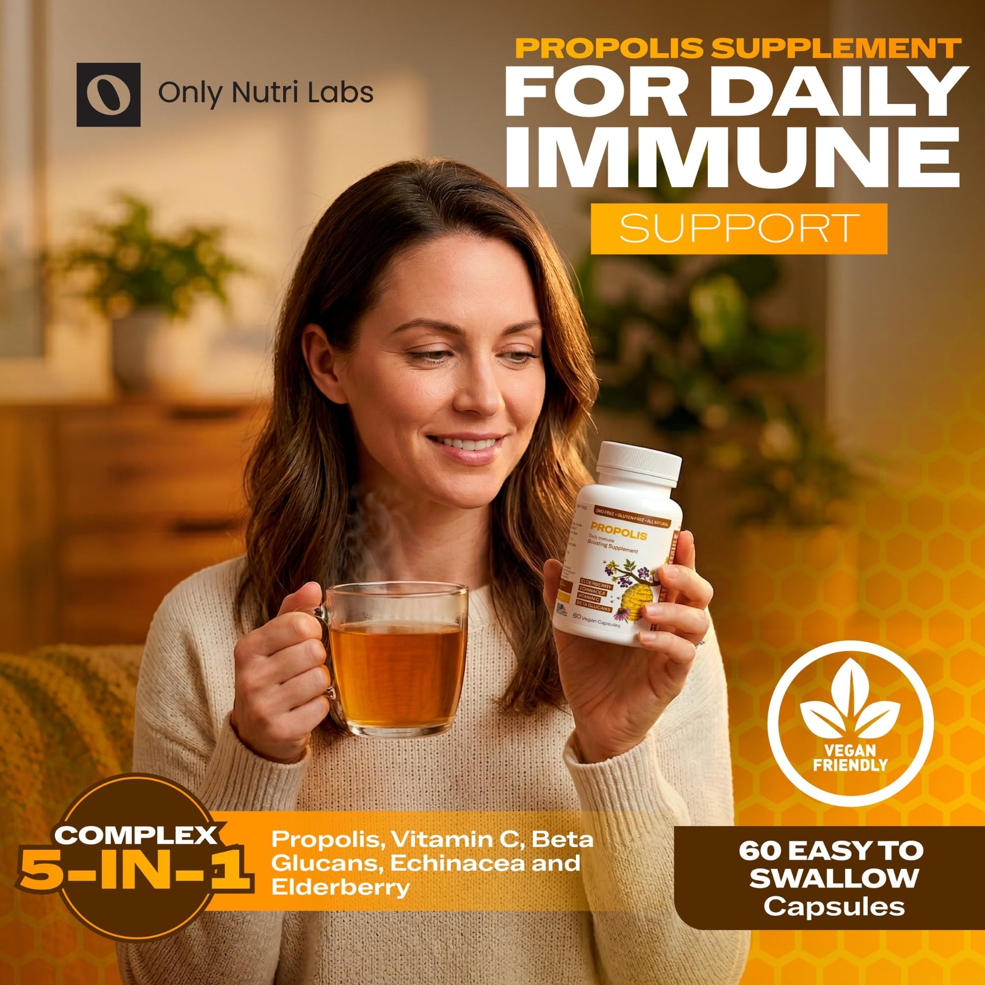 Only Nutri Labs Bee Propolis Dietary Supplement, with Elderberry, Echinacea, Vitamin C and Beta Glucans - Daily Wellness Capsules for Adults (60 Count) Only Nutri LabsAu supplements