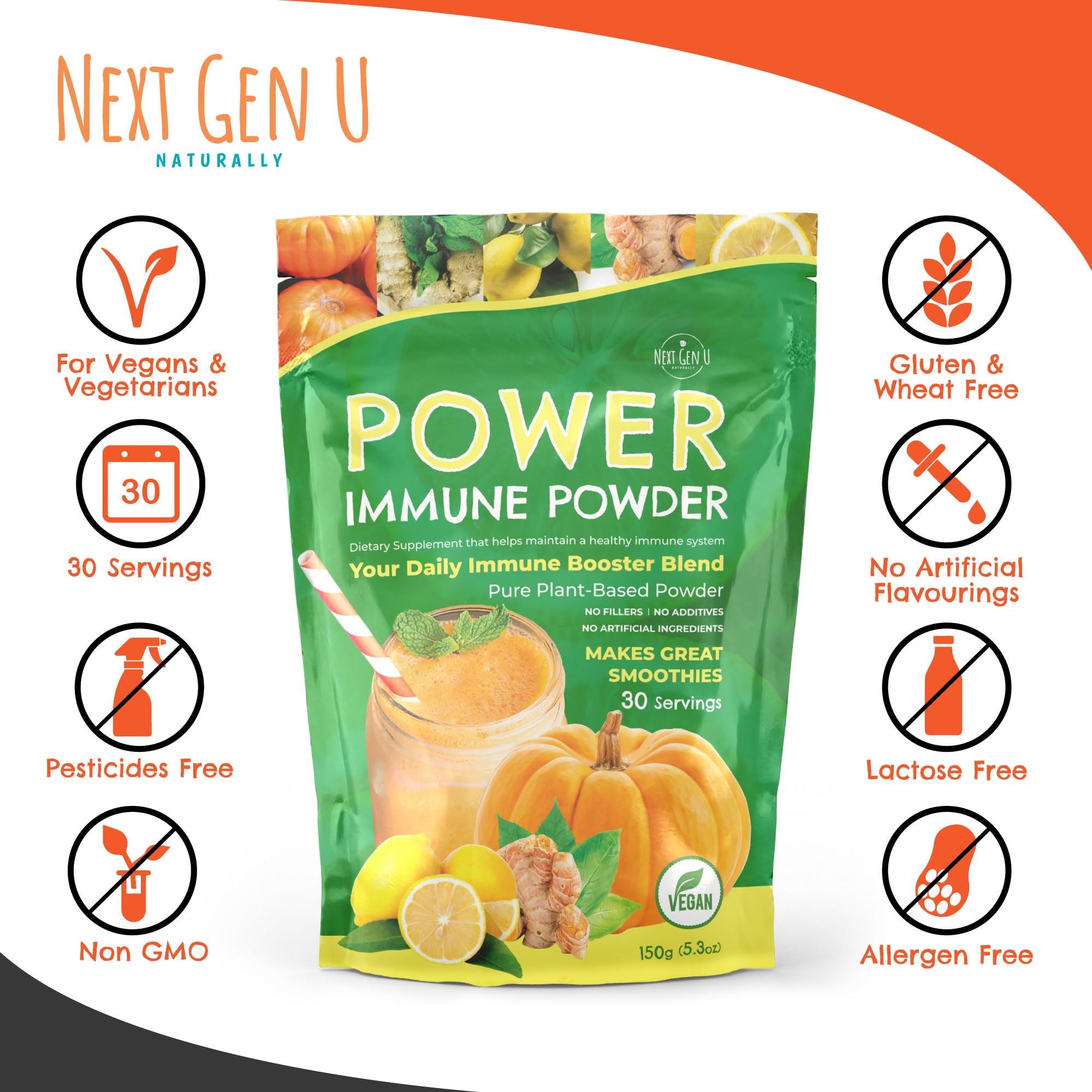 Immune Support - Supplement Powder 150g - Superfood Booster for Adults - Natural Immunity Defense - Daily Drink Mix for Women & Men - Plant Based, Vegan & Gluten Free Smoothie Boost by NextGenU NGU Next Gen UAu supplements