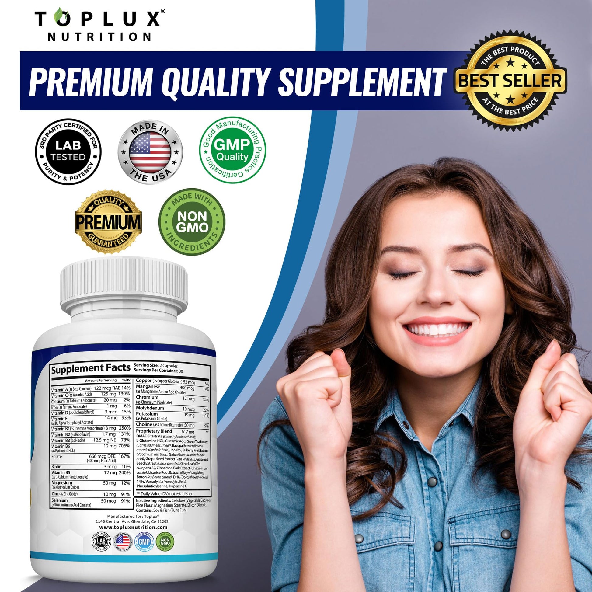 Toplux Brain Supplement Nootropic – Brain Pills Vitamin with DMAE, Bacopa Monnieri, L-Gutamine, for Men Women, 60 Capsules, Nutrition TopluxAu supplements