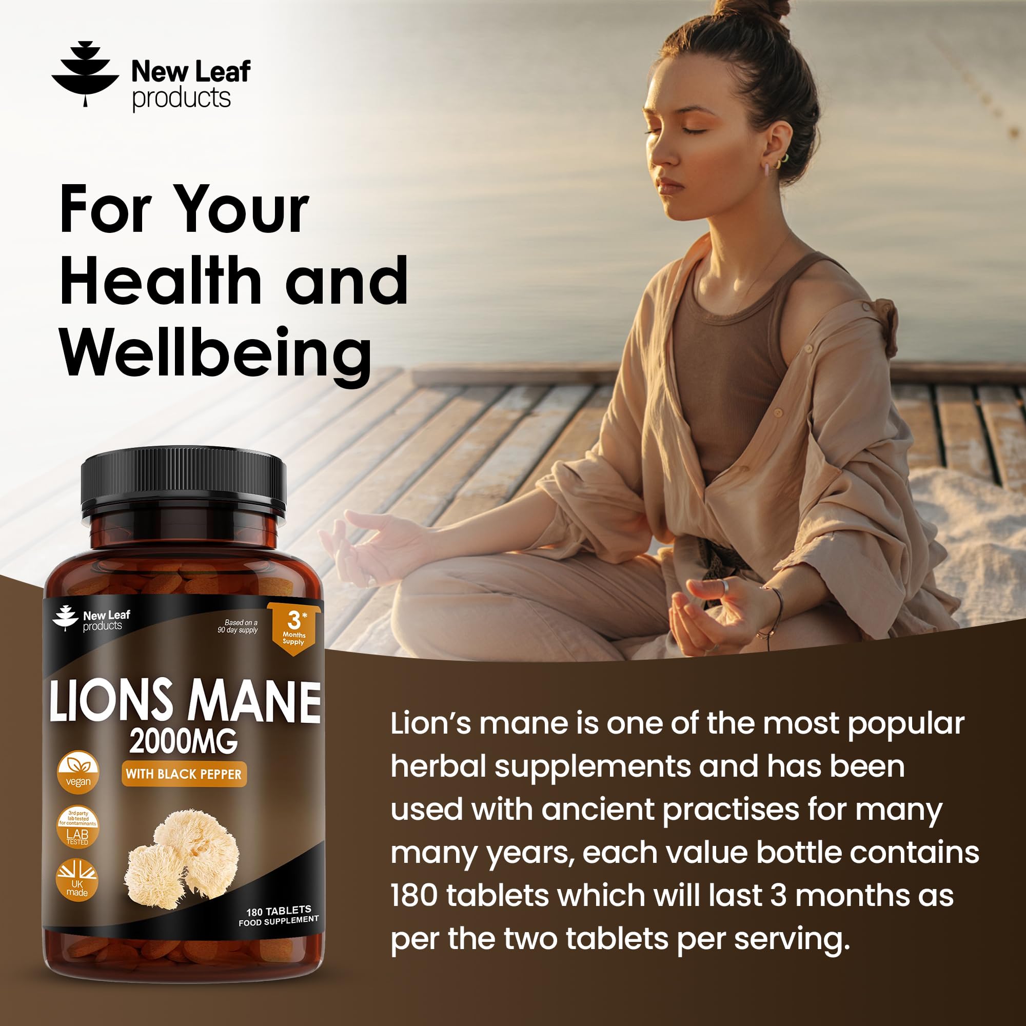 Lions Mane Mushroom Extract Supplement 2000mg - 180 High Strength Vegan Tablets NEW LEAF PRODUCTSUS supplements