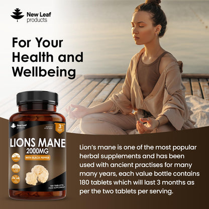 Lions Mane Mushroom Extract Supplement 2000mg - 180 High Strength Vegan Tablets NEW LEAF PRODUCTSUS supplements