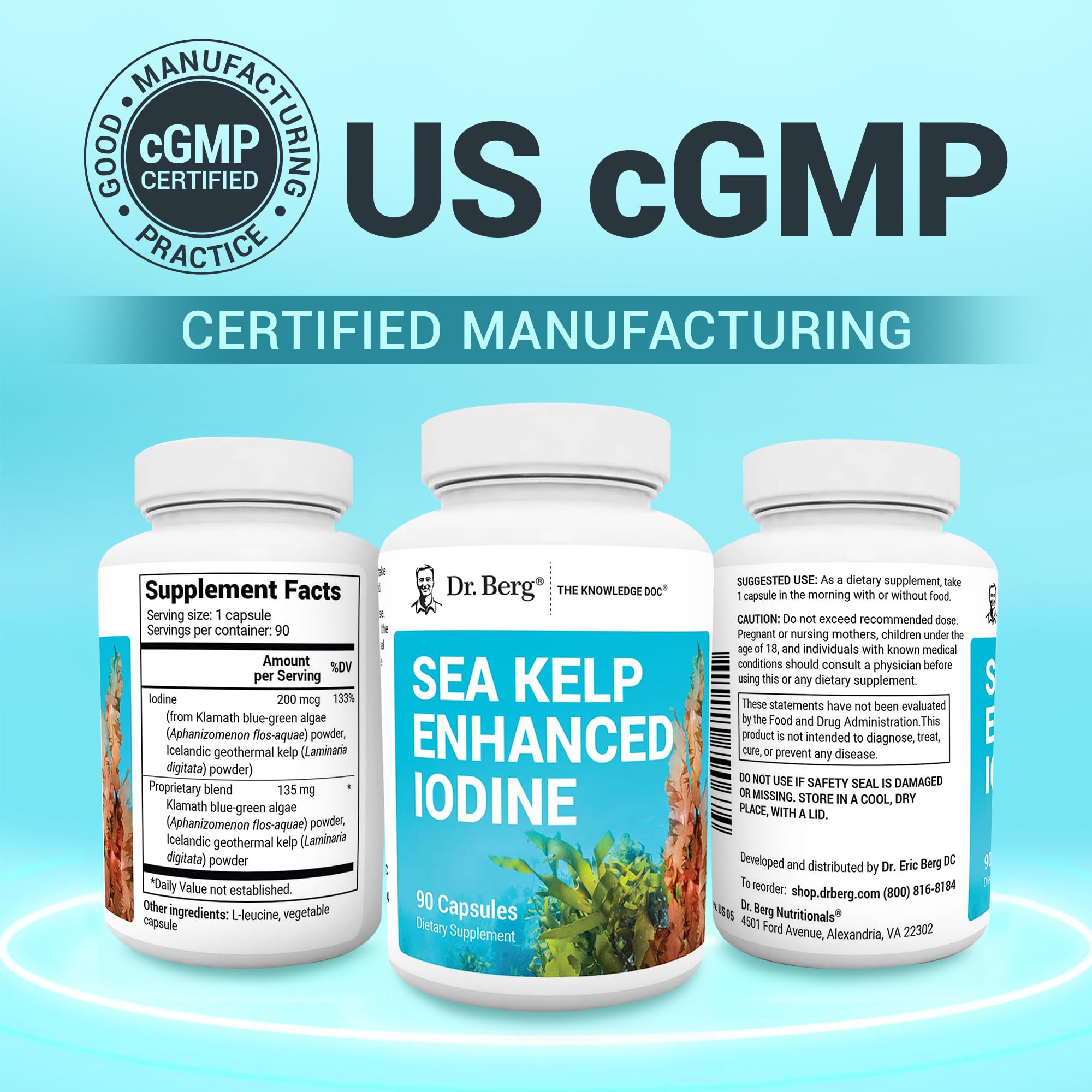 Dr. Berg Sea Kelp Enhanced Iodine - 200 mcg of Premium Iodine - Seaweed Blend Includes Klamath Blue-Green Algae & Sea Kelp - 90 Capsules