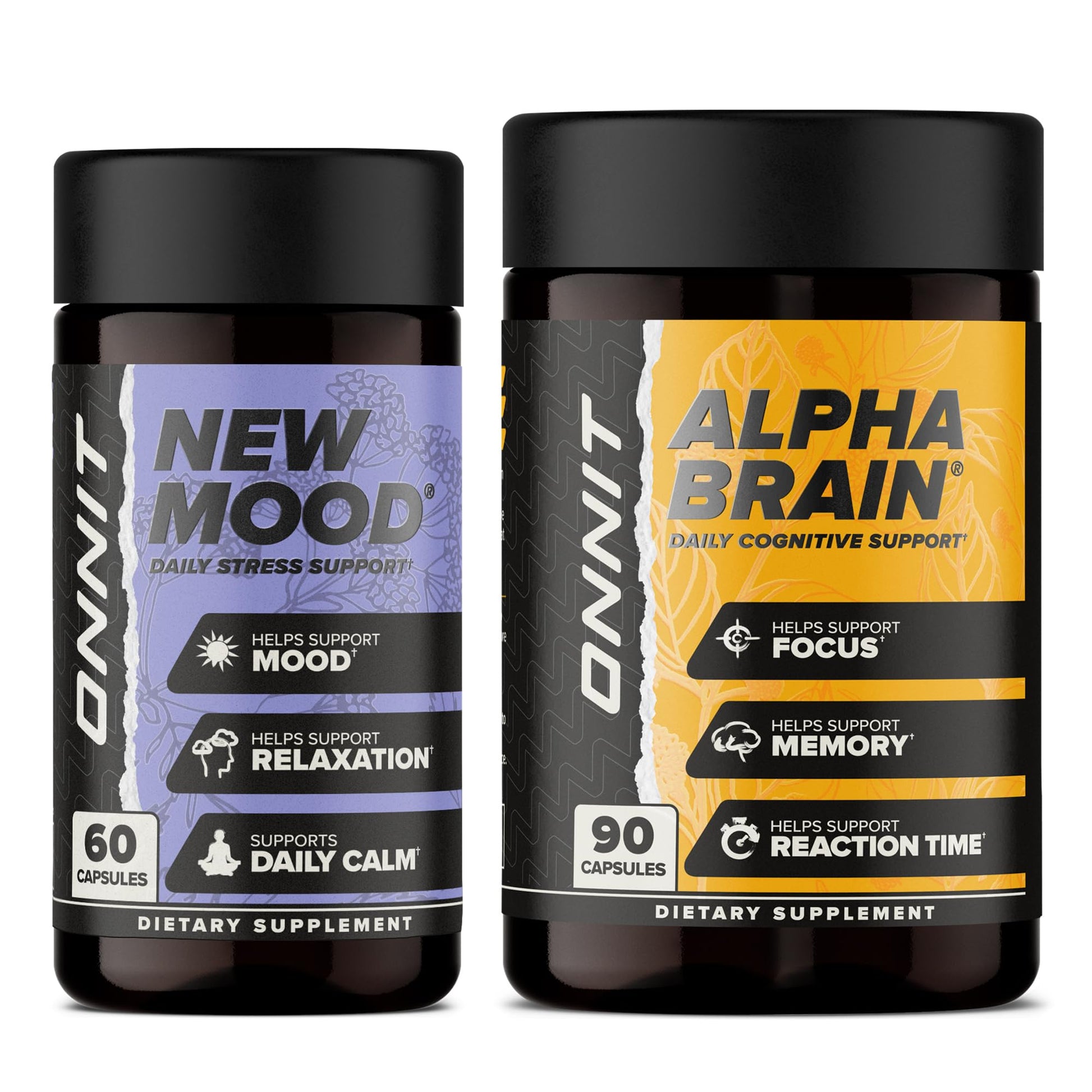 ONNIT Cognitive & Mood Support Bundle: Alpha Brain Nootropic Capsules (90 Count) + New Mood Stress Support Capsules (60 Count), IGEN Non-GMO Tested Focus, Clarity, Relaxation & Sleep, Pack of 2 ONNITAu supplements