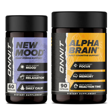 ONNIT Cognitive & Mood Support Bundle: Alpha Brain Nootropic Capsules (90 Count) + New Mood Stress Support Capsules (60 Count), IGEN Non-GMO Tested Focus, Clarity, Relaxation & Sleep, Pack of 2 ONNITAu supplements