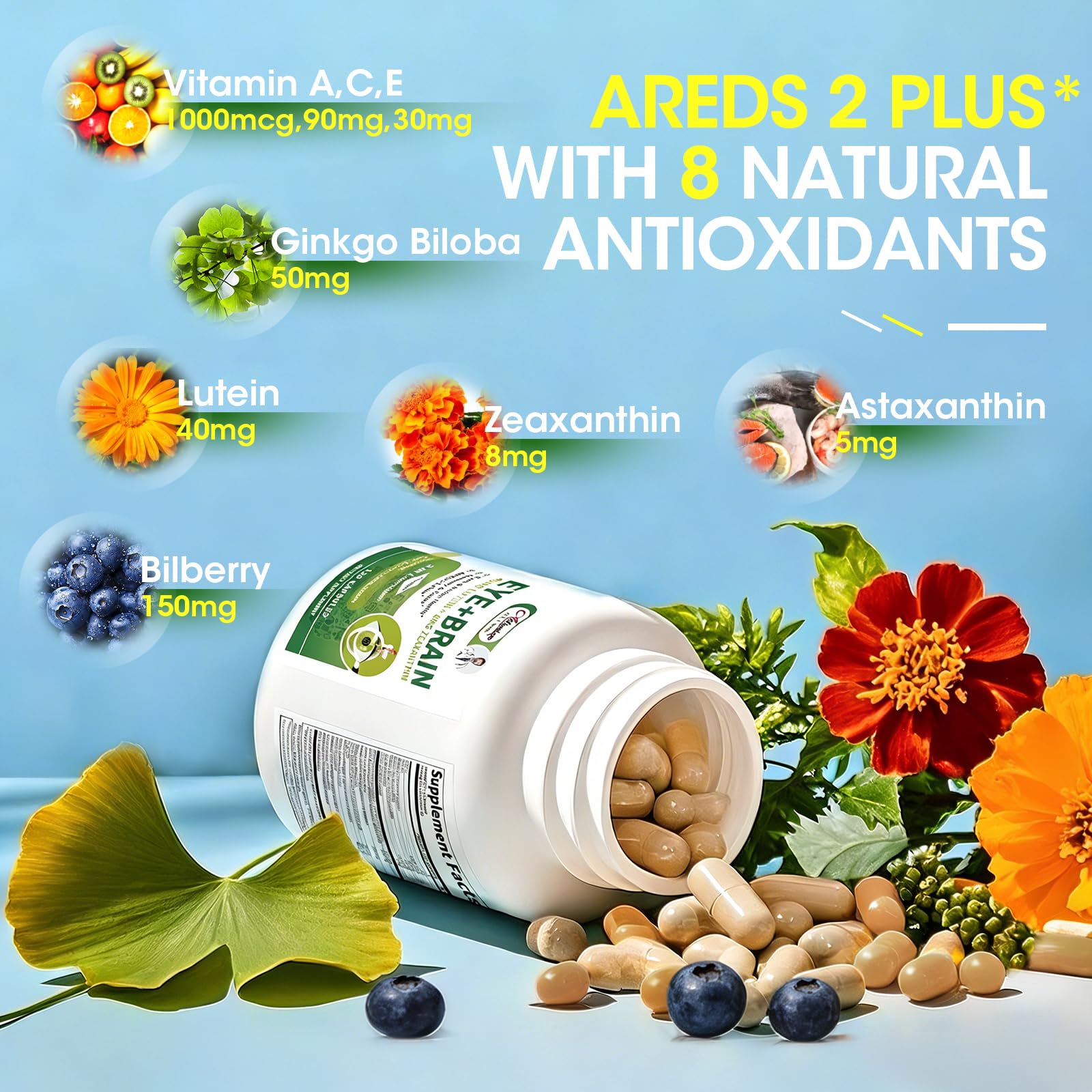 Eye + Brain Supplements for Memory and Focus, Lutein 40mg, Zeaxanthin, Astaxanthin, Bilberry, Lion’s Mane, Bacopa Monnieri, Ginkgo Biloba, 14 in 1 Eye Vitamins for Adults & Seniors 120 Capsules AlliwiseAu supplements