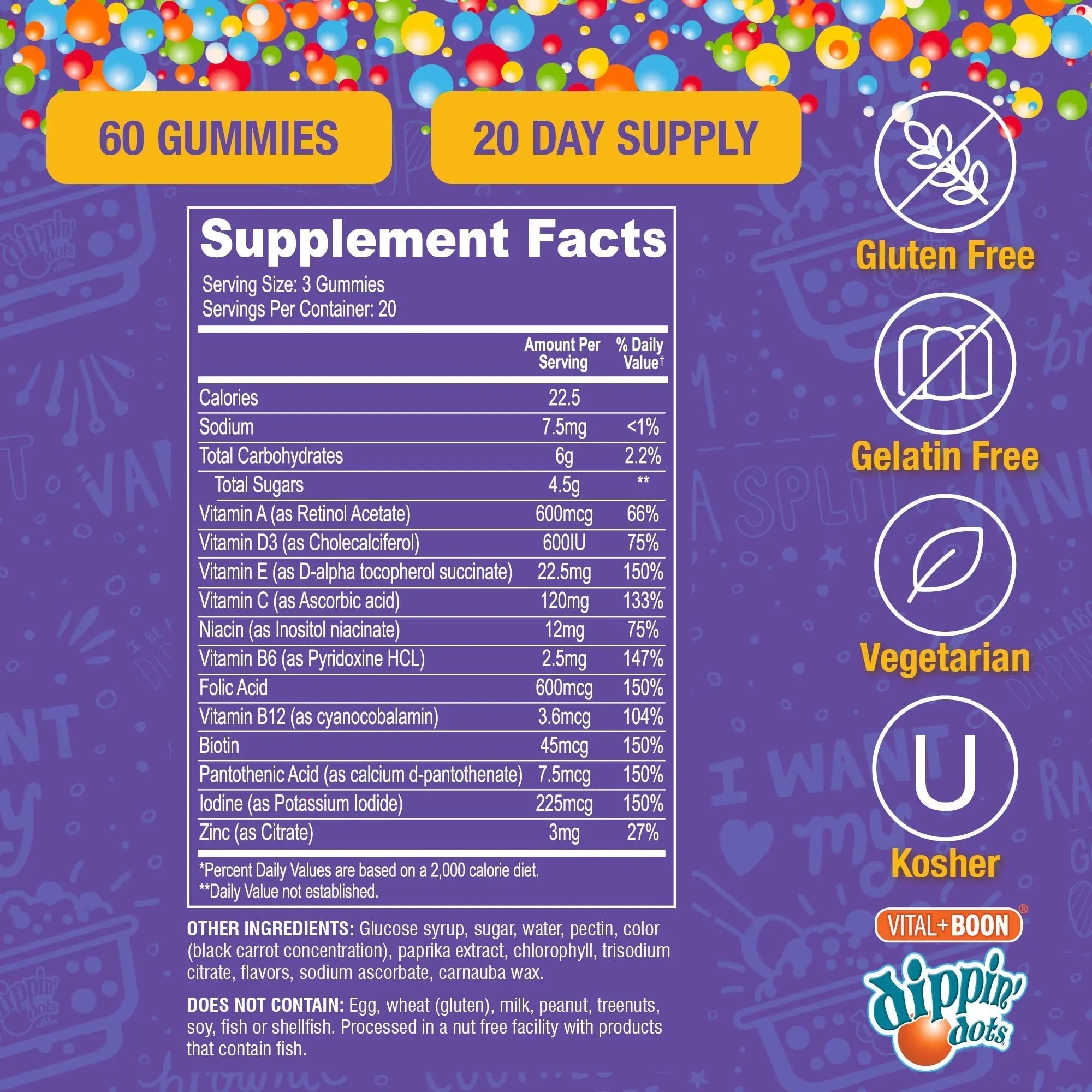 Vital+Boon Dippin' Dots - Multivitamin Gummies for Adults - Gummy Vitamins with Vitamin A, B6, C, D3, E & Folic Acid - Vegetarian Vital+BoonAu supplements
