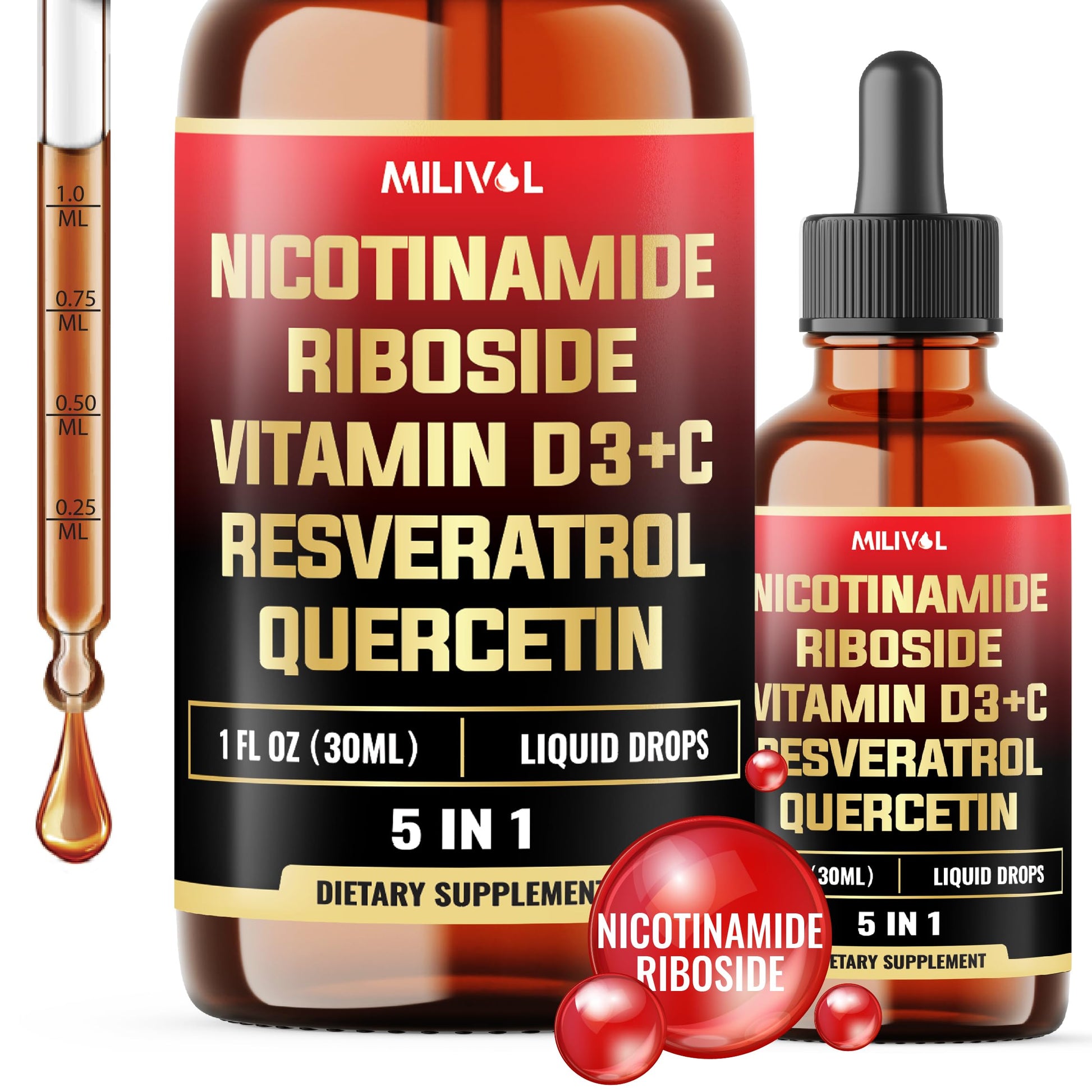 MILIVOL 5in1 NAD+ Liquid Drops w/Nicotinamide Riboside NR 900mg, Quercetin 500mg, Trans-resveratrol 500mg, Vitamin D3-C - Cellular Energy & Repair, Vitality, Healthy Aging - 1FL Oz - 1 Month Supply MILIVOLAu supplements