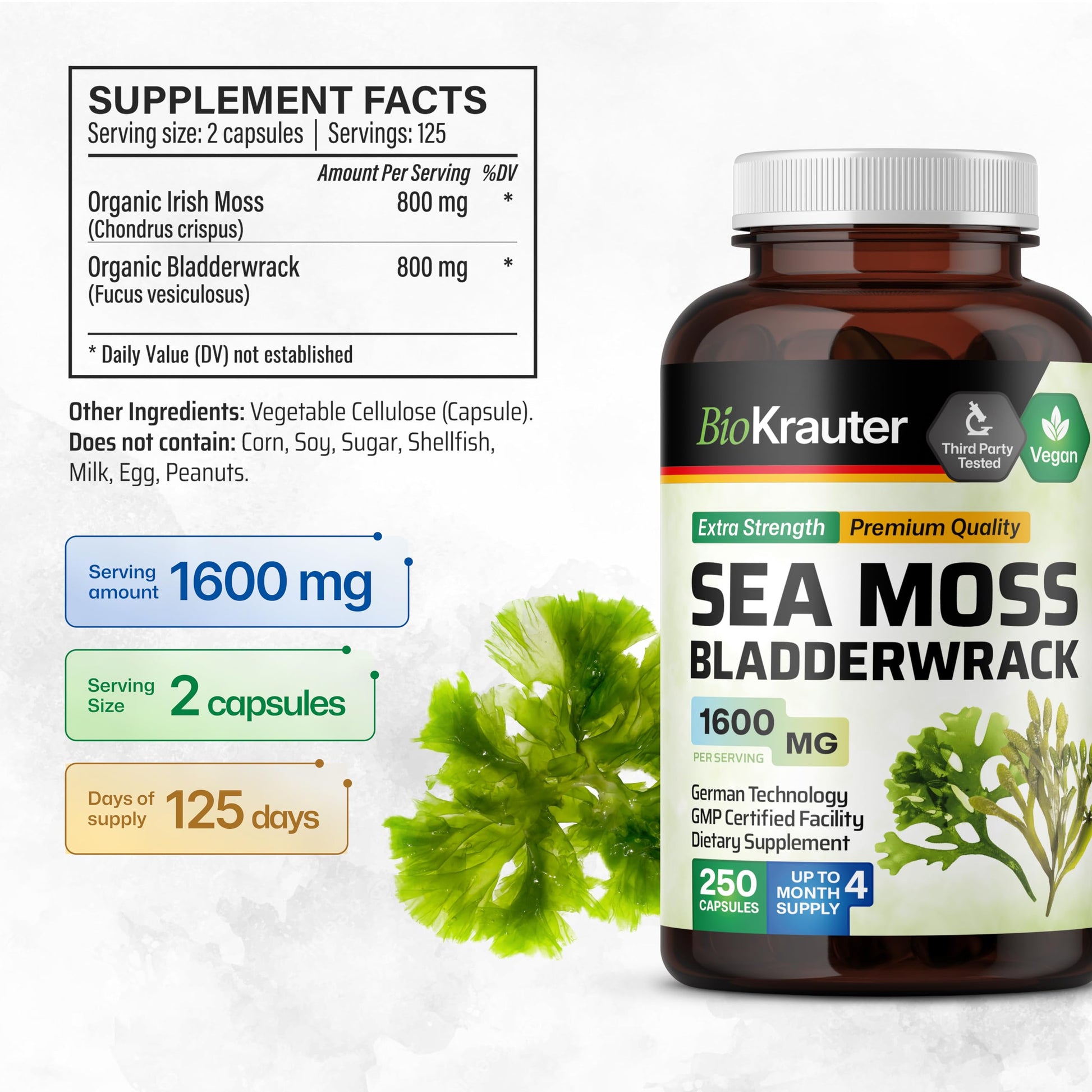 BIO KRAUTER® 2-in-1 Sea Moss for Thyroid Support - Vegan Bladderwrack & Sea Moss Capsules for Women & Men - Natural Сhondrus Сrispus Seaweed Supplement 1600 mg - 125 Days of Supply, Non-GMO BIO KRAUTERAu supplements