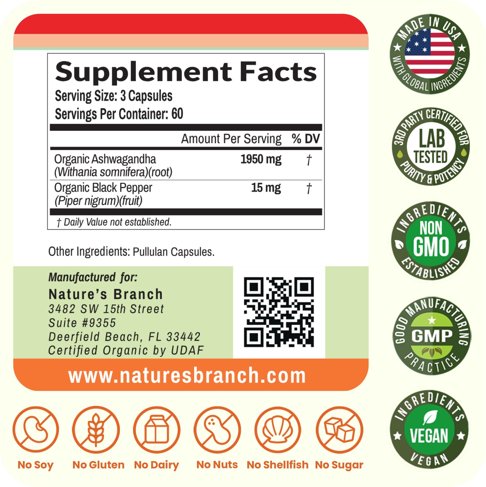 UDAF Certified Organic Ashwagandha with Black Pepper, 1965mg - Extra Strength for Stress, Sleep, Mood, Thyroid, Energy, Hair, Vegan Pure Root Extract Powder Supplement for Men and Women | 180 Capsules NATURE'S BRANCHAu supplements