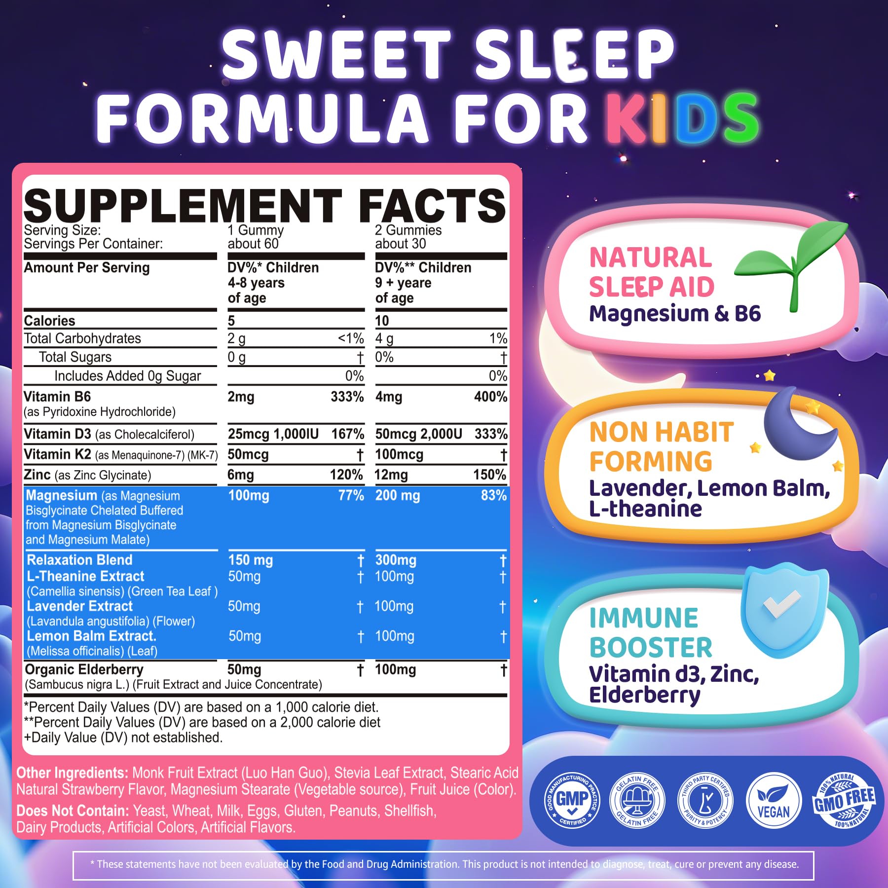 Kids Sleep Gummies, NO Melatonin Sleep Aid Gummies w/ Magnesium Glycinate, Magnesium Malate, L-Theanine, Lavender, B6, Zinc, D3K2 for Restful Sleep, Relax Brain & Muscle, Immune Support, Non-GMO 1Pack ELLAMENTZAu supplements