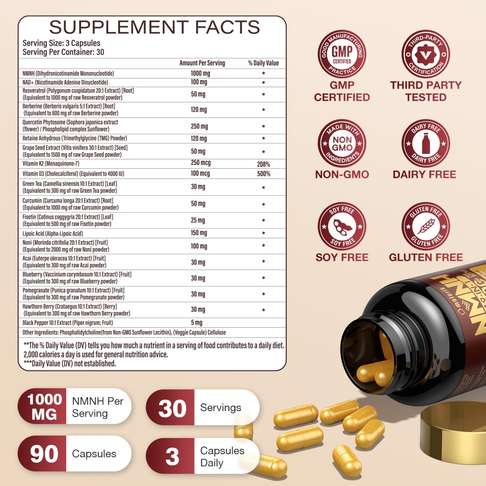 19 in 1 NMNH (Dihydronicotinamide Mononucleotide) 1000mg Per Serving, Nad Supplement Boost NAD+ Levels Nad Resveratrol Supplement with Quercetin, Vitamin D3 K2, Healthy Aging, Energy, 90 Capsules molorik pureAu supplements