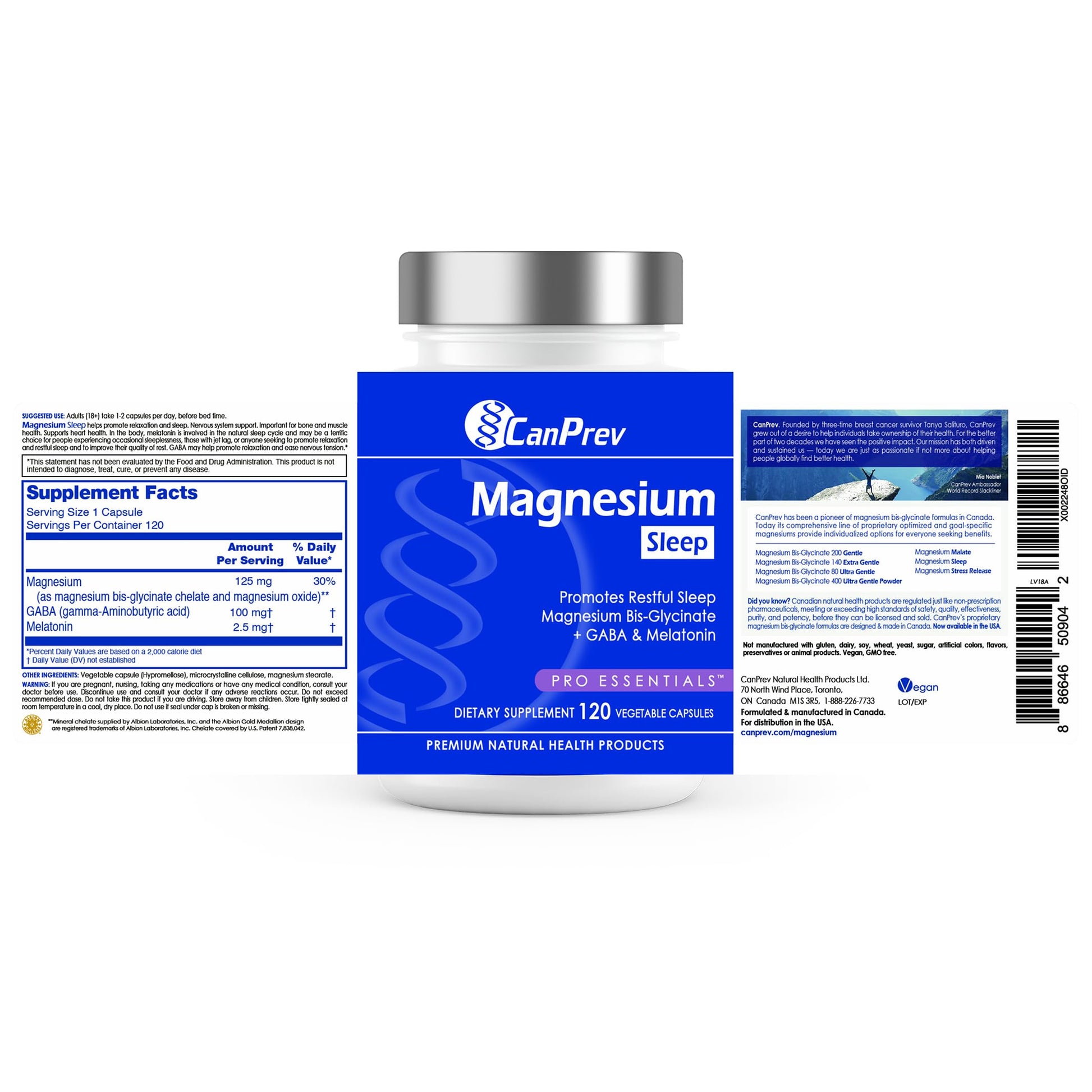 CanPrev Magnesium Bisglycinate Chelated + GABA & Melatonin, 120 Veg Caps, 120-Day Supply, Support Restful Night, Muscle Function, Promote Relaxation & Balanced Sleep-Wake Cycle, Vegan, No GMO & Gluten CanPrevAu supplements