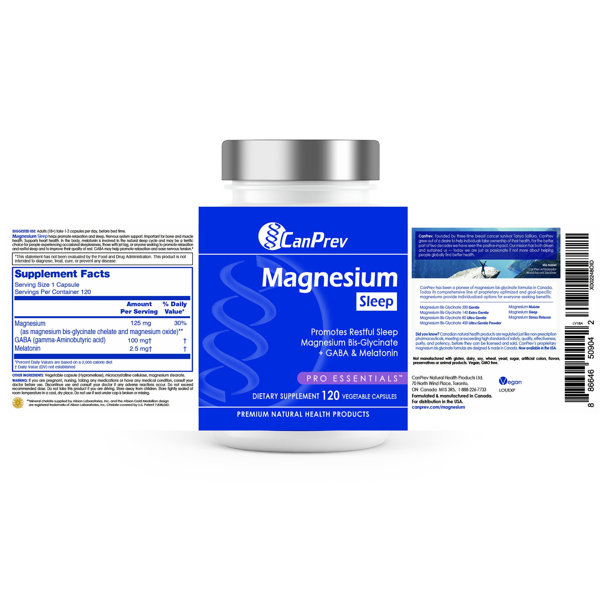 CanPrev Magnesium Bisglycinate Chelated + GABA & Melatonin, 120 Veg Caps, 120-Day Supply, Support Restful Night, Muscle Function, Promote Relaxation & Balanced Sleep-Wake Cycle, Vegan, No GMO & Gluten CanPrevAu supplements