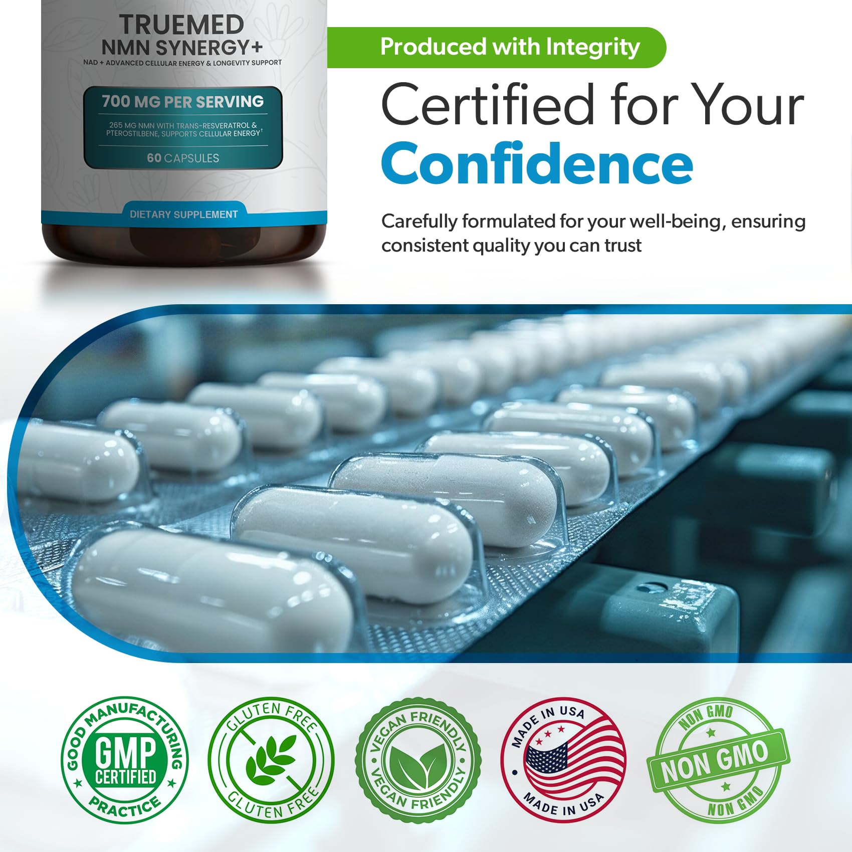 TRUEMED NMN Synergy+ 700mg – Premium NMN Supplement with Resveratrol & Pterostilbene | Advanced NAD+ Supplement for Cellular Energy, & Wellness Support | Non-GMO, Vegan, 60 Capsules TRUEMEDAu supplements