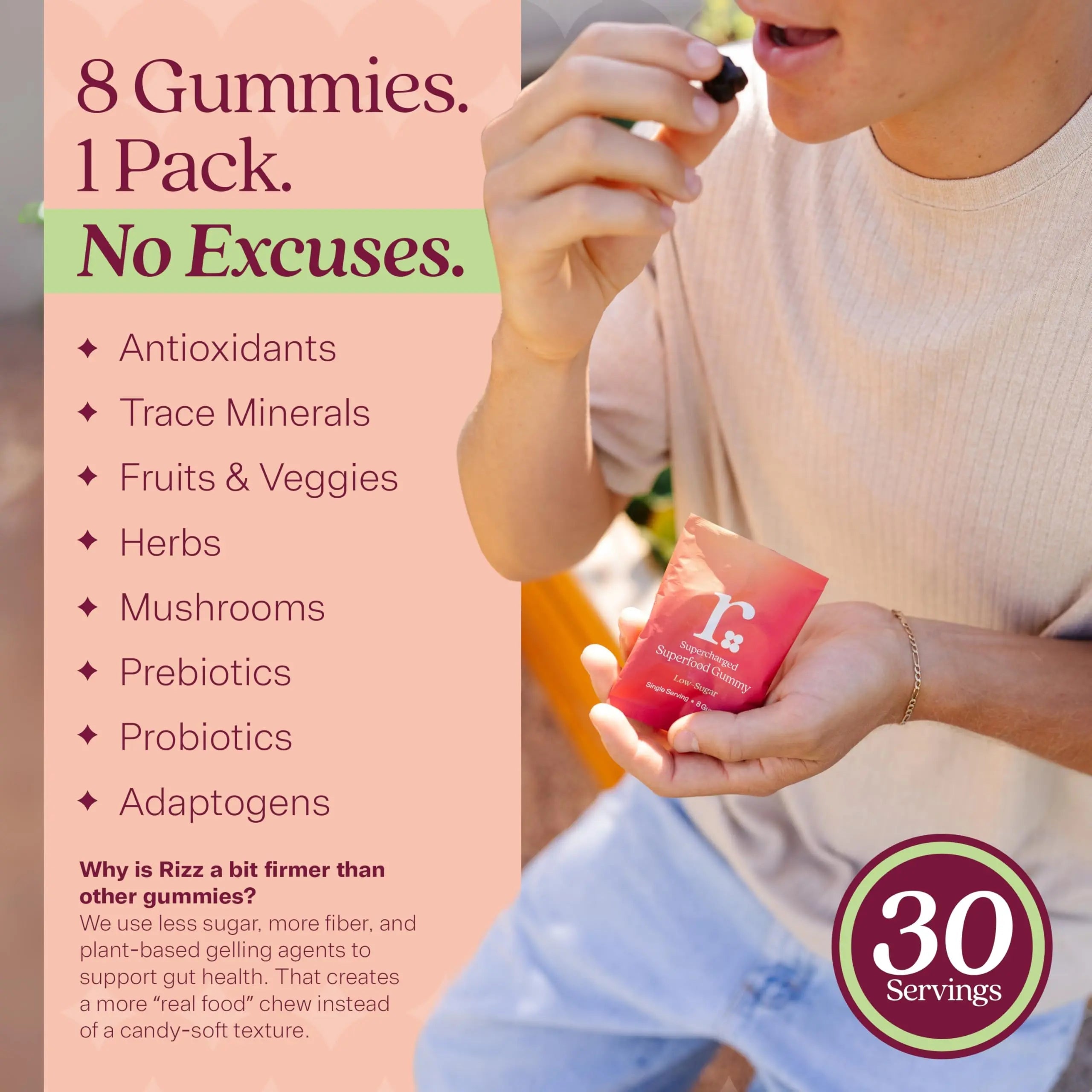 Rizz Low Sugar Green Gummies - 60+ Superfoods 6g Fiber - Prebiotic and Probiotic Gummies - Vegan Multivitamins for Women & Men RizzAu supplements