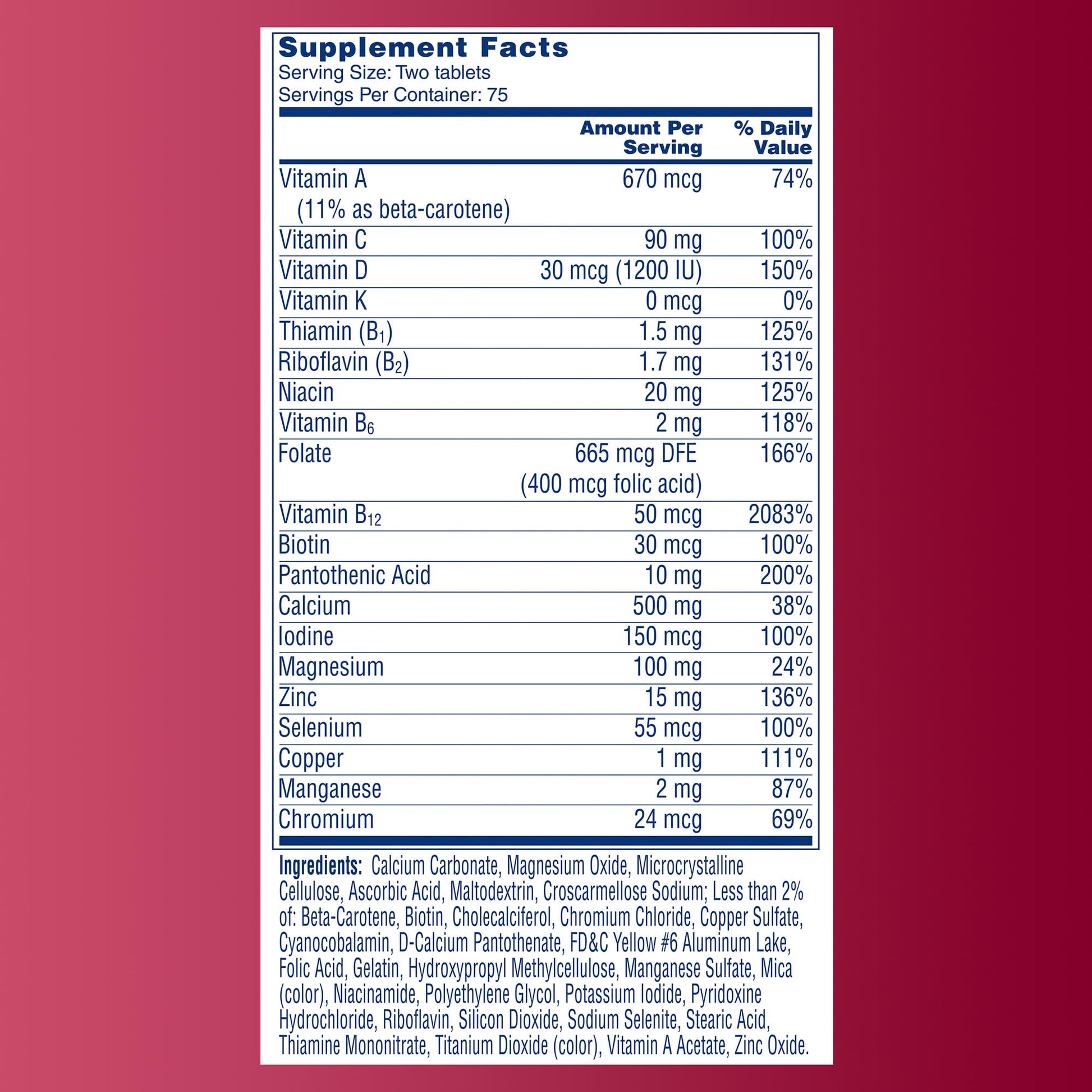 One A Day Proactive 65+, Mens & Womens Multivitamin, Supplement with Vitamin A, C, D, and Zinc to Support Bone Health & Cell Health, Calcium ONE A DAYAu supplements