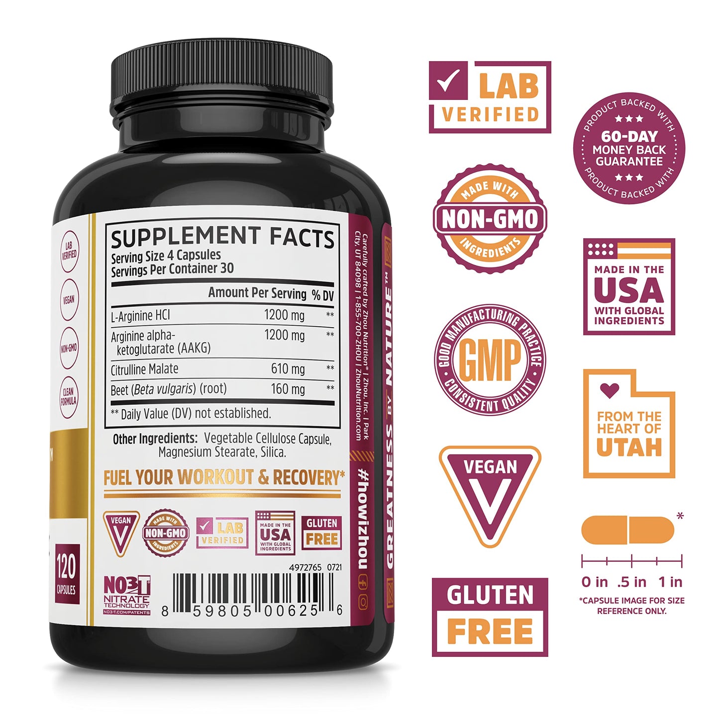 Zhou Nitric Oxide with L Arginine, Citrulline Malate, AAKG and Beet Root | Powerful N.O. Zhou NutritionUS supplements
