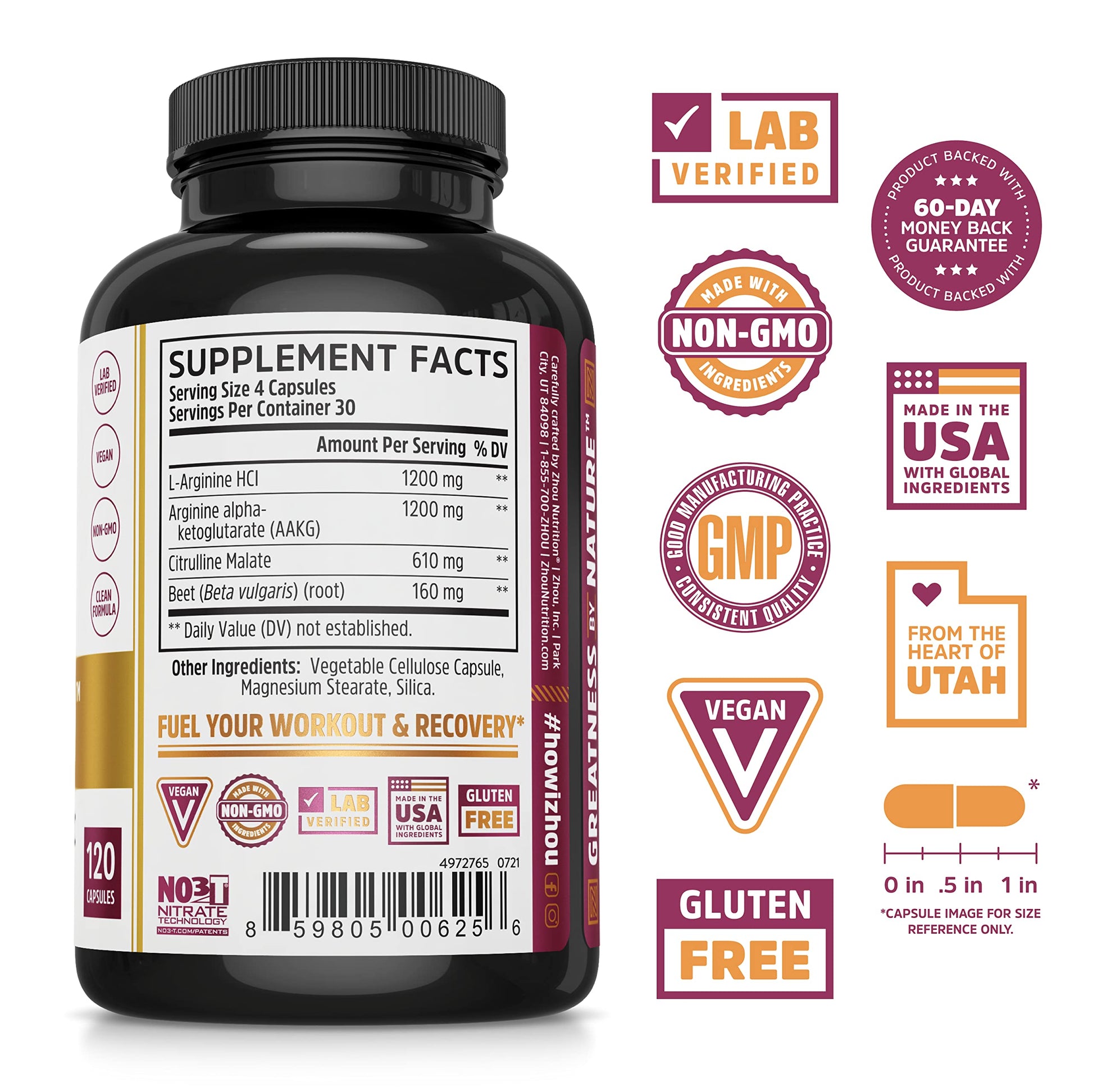 Zhou Nitric Oxide with L Arginine, Citrulline Malate, AAKG and Beet Root | Powerful N.O. Zhou NutritionAu supplements