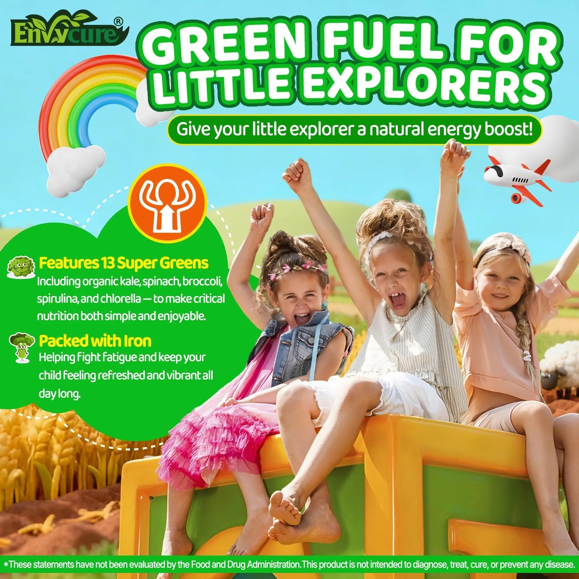 Kids Super Greens Gummies, w/Multivitamins, Spirulina, Chlorella, Spinach, Broccoli, Calcium, Omega-3 (DHA/EPA) EnvyCureAu supplements