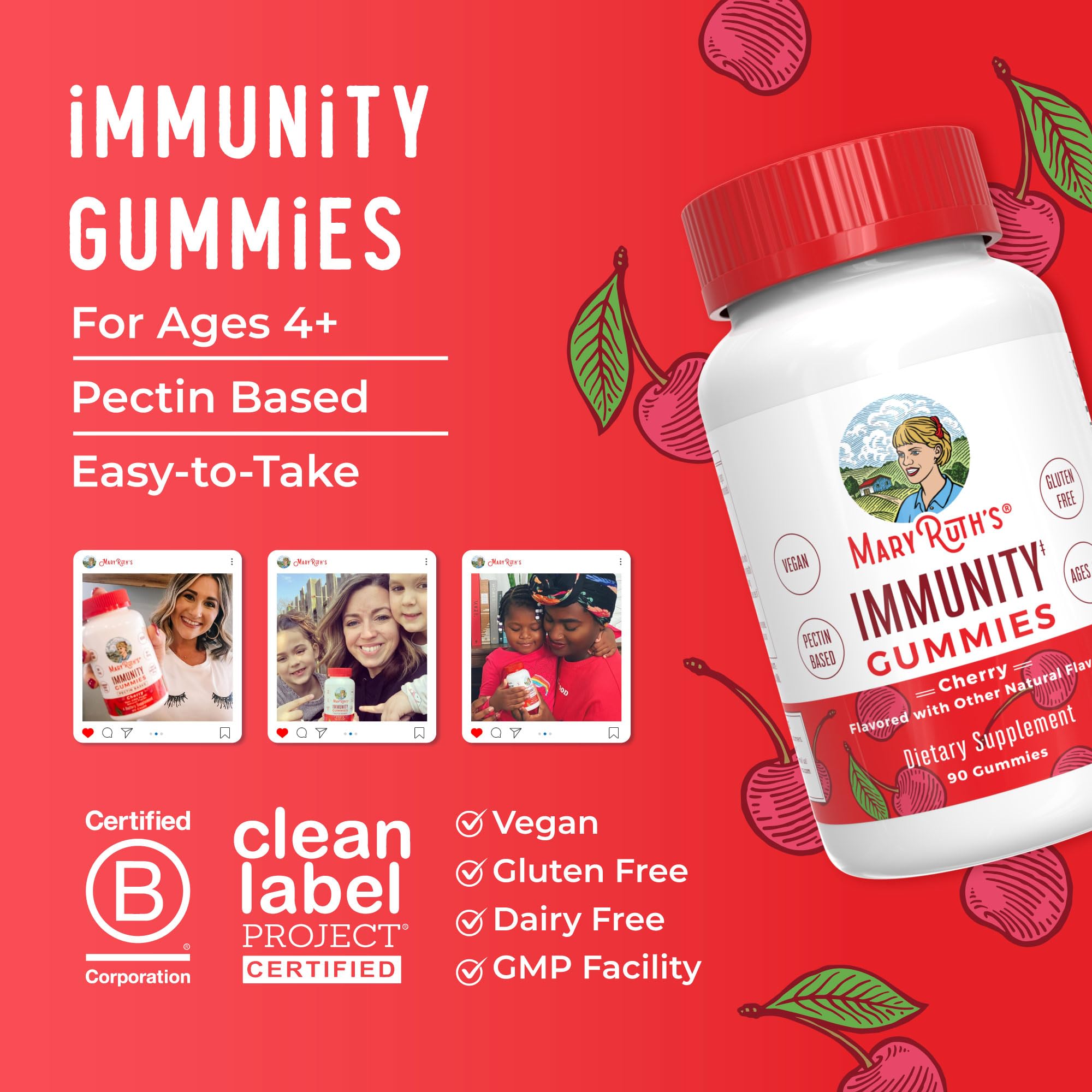 Mary Ruth's 5-1 Immunity Gummies with Elderberry for Kids & Adults | Cherry | Pectin Based | Vegan | 90 Count MARYRUTH'SUS supplements