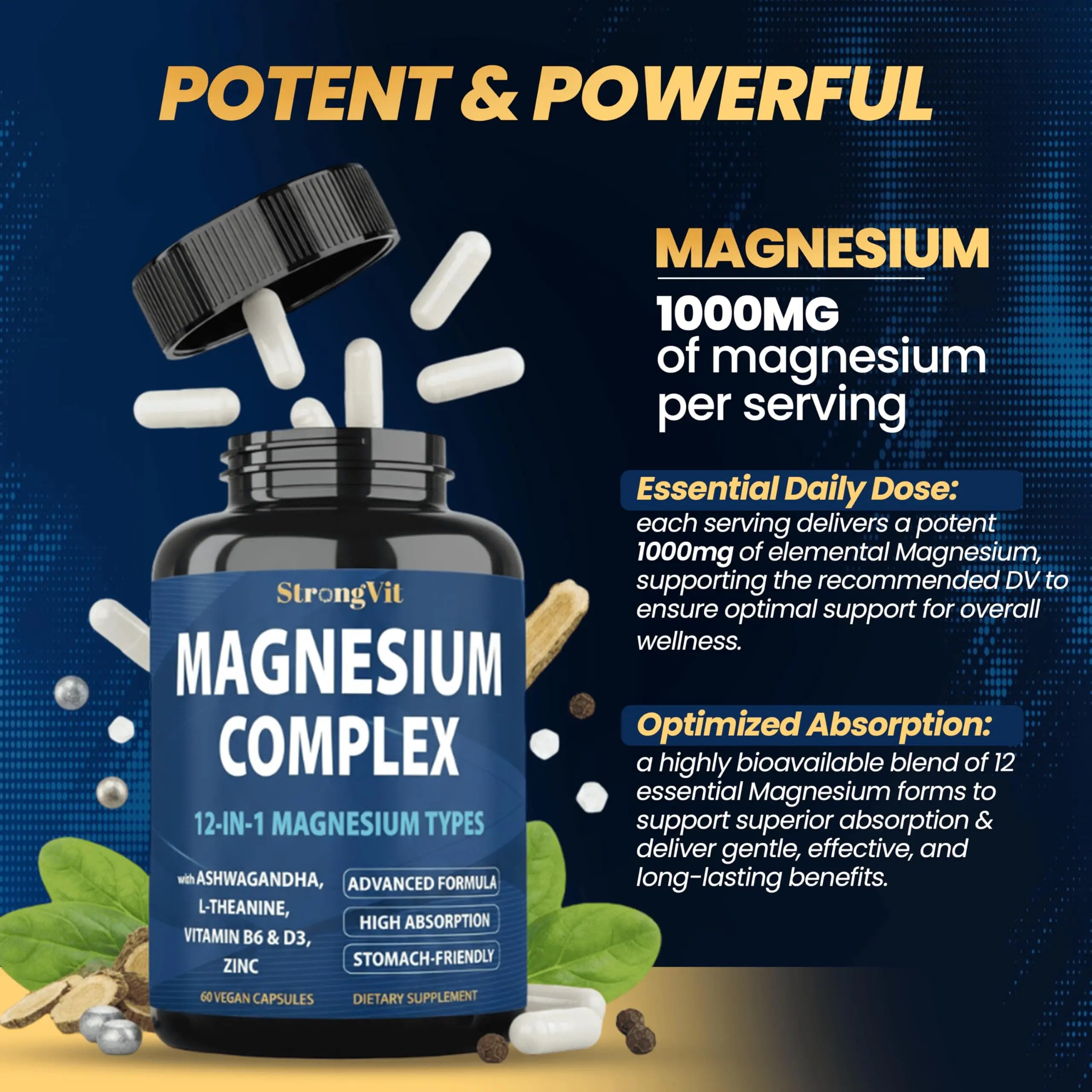 1000mg Magnesium Complex for Women and Men, 12 in 1 Magnesium Supplement with Ashwagandha, Zinc, D3, L-theanine. Easy to Swallow, High Absorption, Sleep Support & Stress Relief (60 Capsules) StrongVitnz supplements