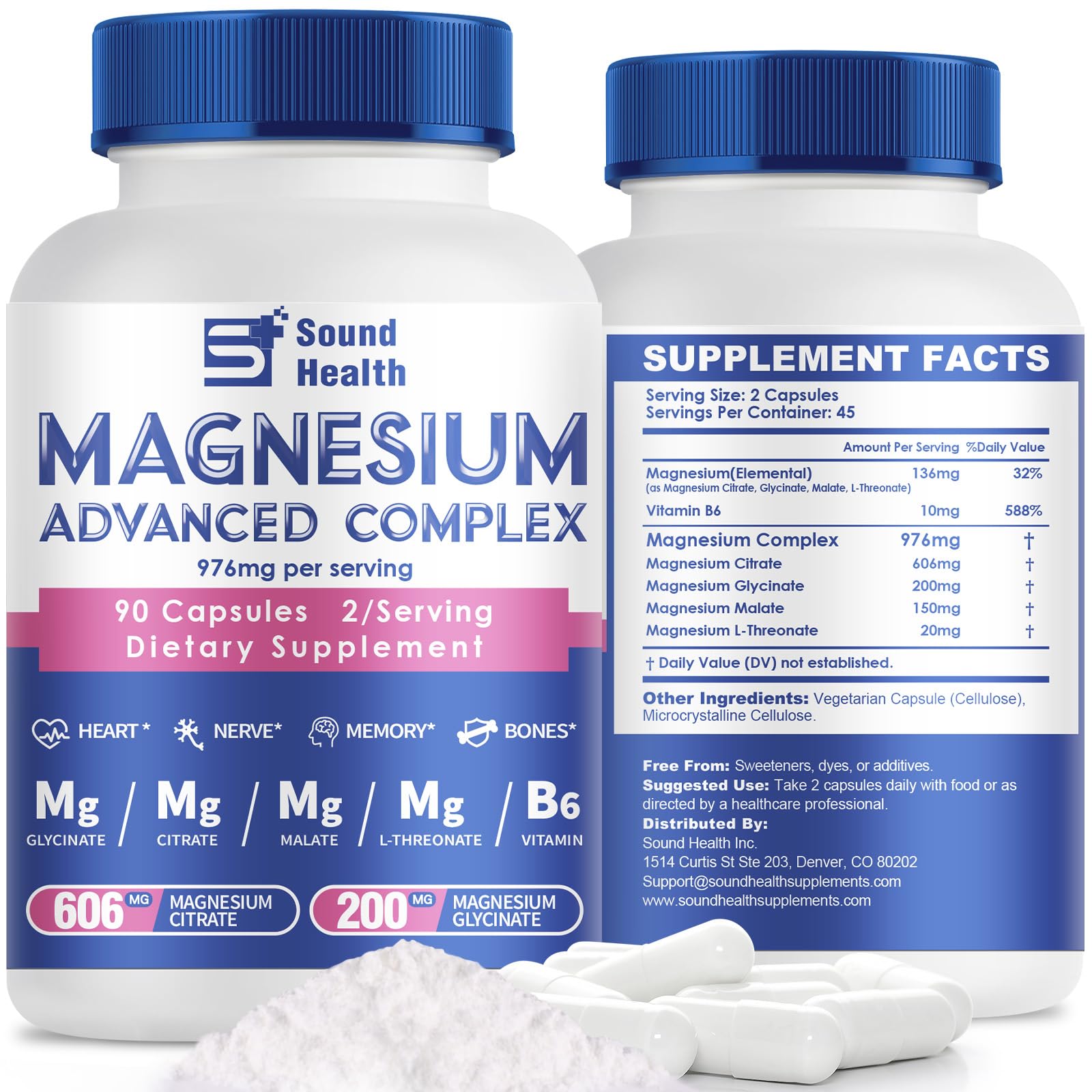 Magnesium Complex Capsule 5 in 1 Magnesium Supplement from Magnesium Glycinate, Citrate, Malate, L-Threonate & Vitamin B6, High Absorption Magnesium Supplement, Non-GMO, Vegan Sound Health PlusAu supplements