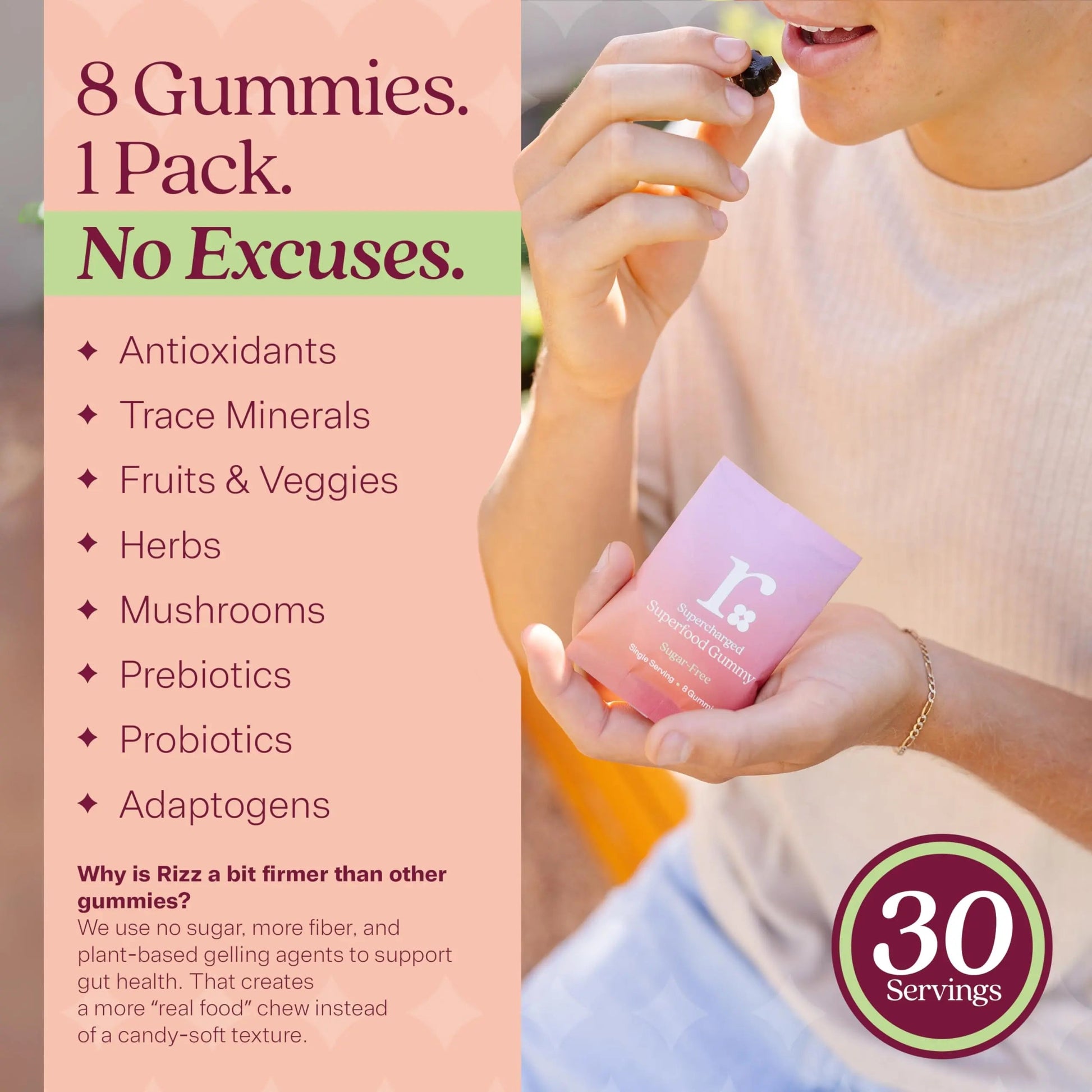 Rizz Sugar-Free Green Gummies - 60+ Superfoods 6g Fiber - Prebiotic and Probiotic Gummies - Vegan Multivitamins for Women & Men RizzAu supplements