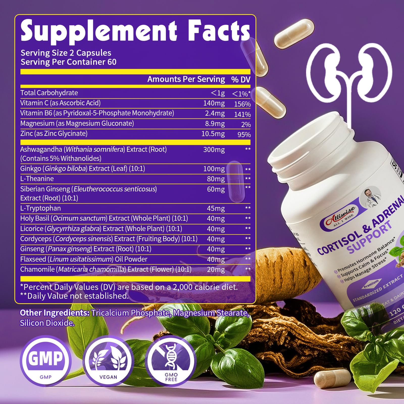Alliwise Cortisol Supplements for Women & Men - Adrenal Support with Ashwagandha, L-Theanine & Holy Basil for Stress Relief, Mood & Steady Focus - Hormone Balance - 120 Vegan Capsules AlliwiseAu supplements