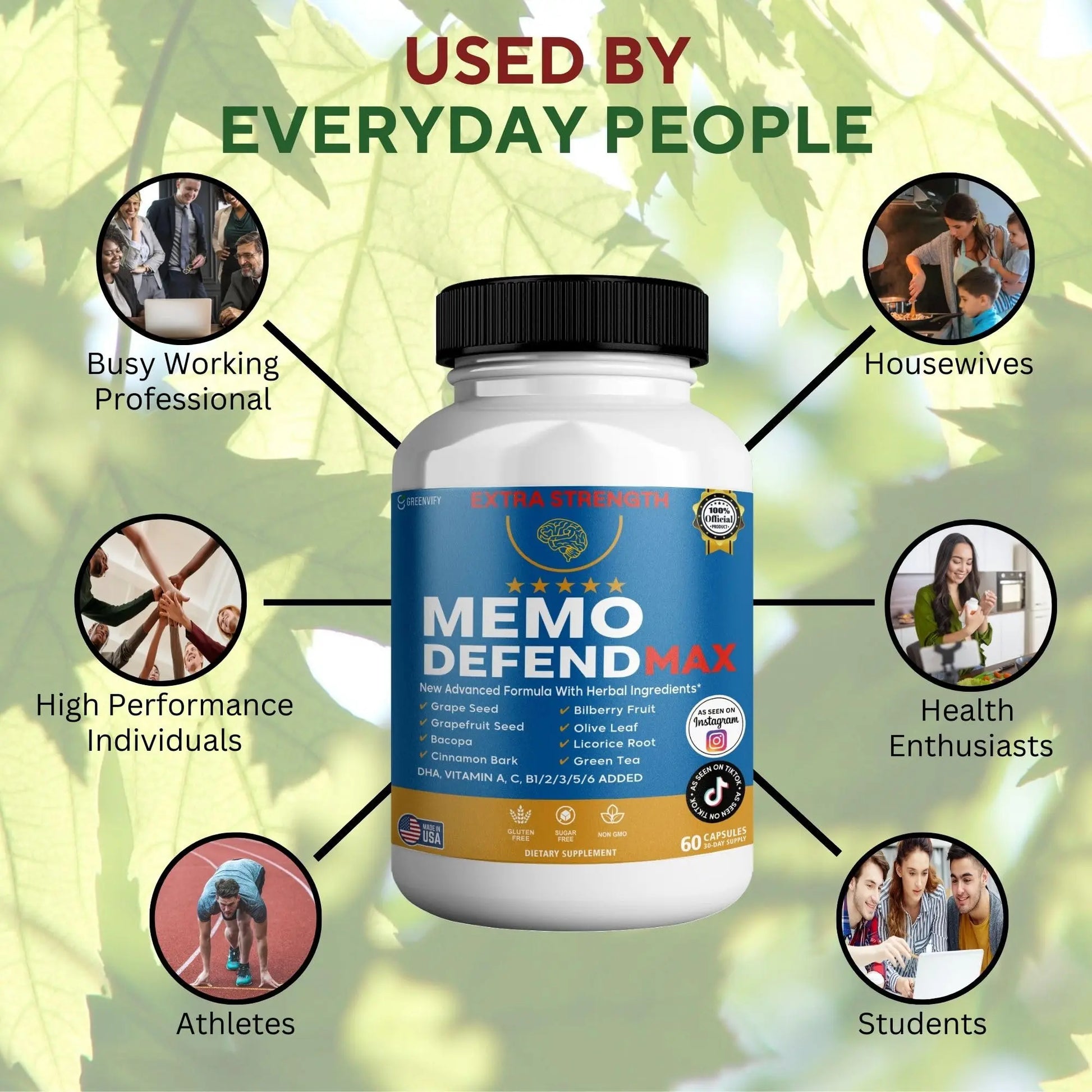 Memo Defend Max Memory Support Supplement, 60 Capsules, with Vitamins A C D E B Complex, DHA, Bacopa, Grapefruit Seed (1) GREENVIFYnz supplements
