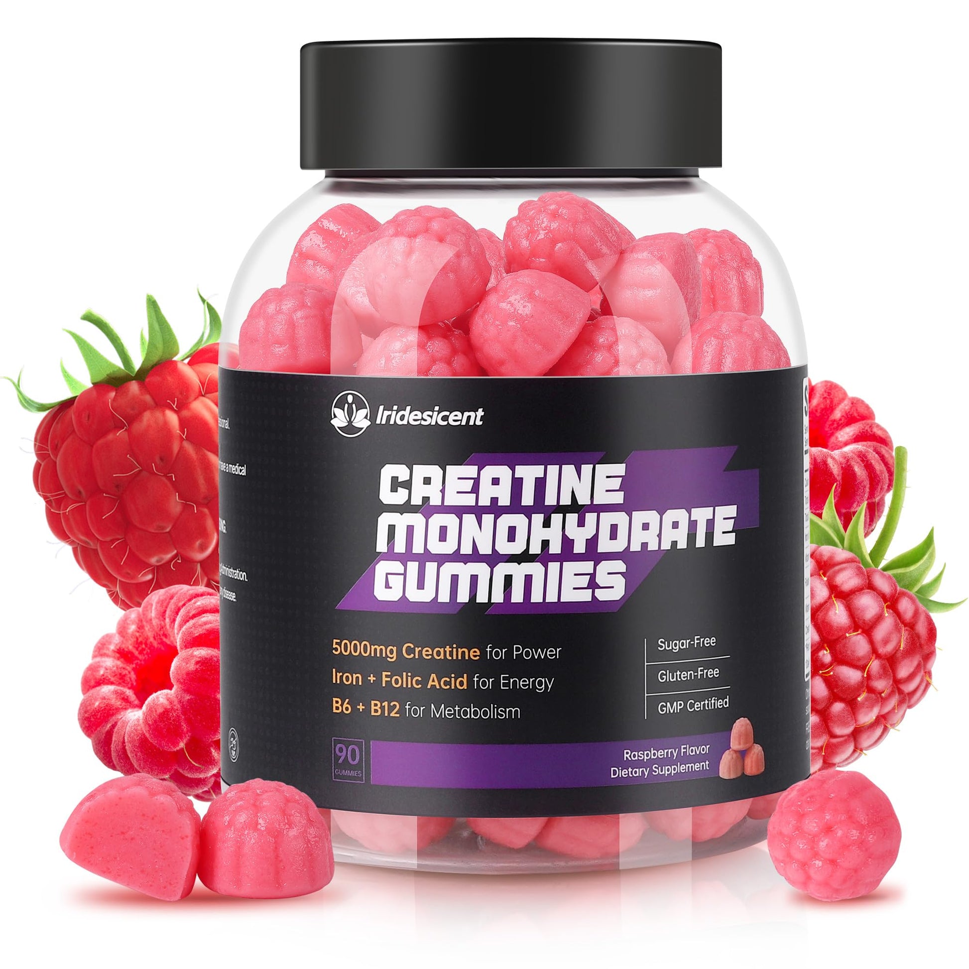 IRIDESICENT Creatine Monohydrate Gummies 5000mg w/Iron, Vitamin B6 & B12, Sugar Free 5g Creatine Supplements for Women and Men Boost Energy & Muscle Recovery - 90 Raspberry Gummies IRIDESICENTAu supplements