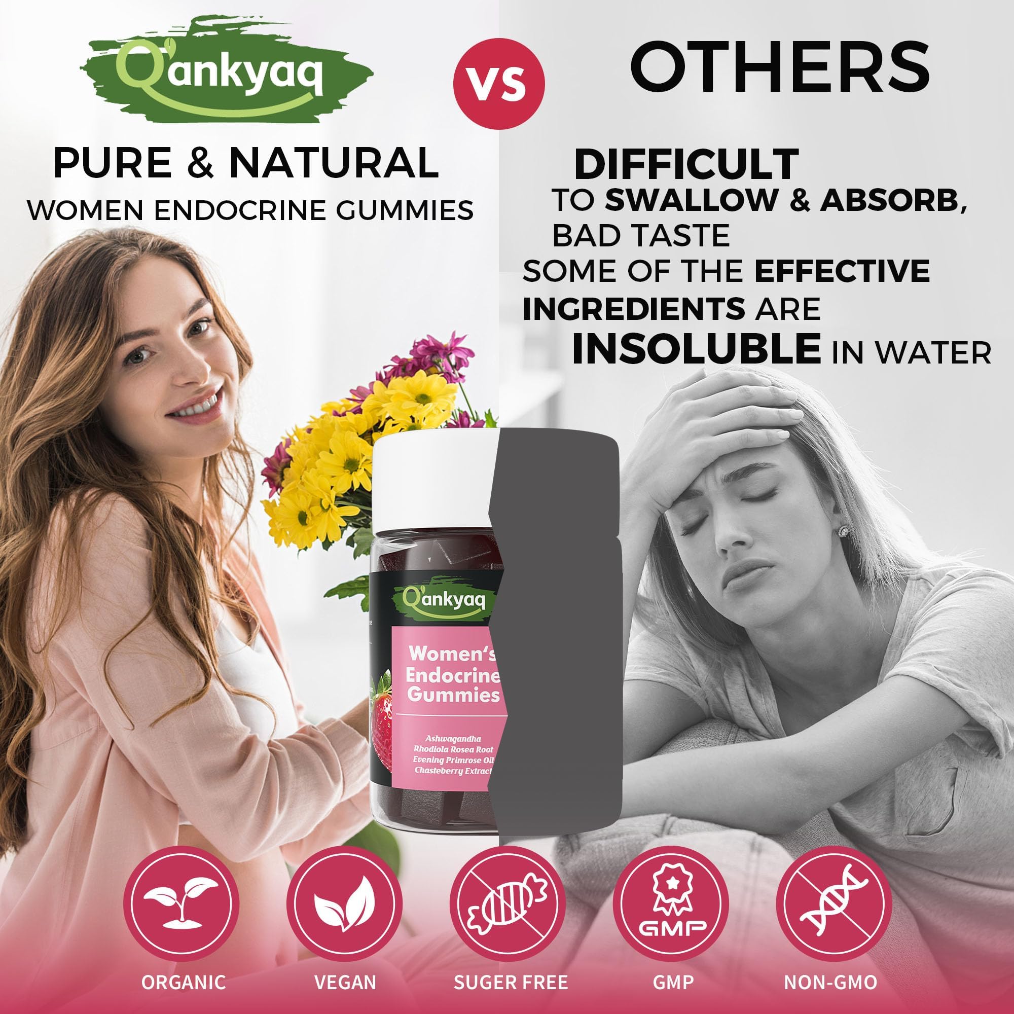Q'ankyaq PMS Support Gummies for Women, Hormone Balance with Evening Primrose Oil, Chasteberry, Vitamins B6 & B12 - Comfort, Bloating, Mood & Energy Support - 60 Gummies Q'ankyaqAu supplements