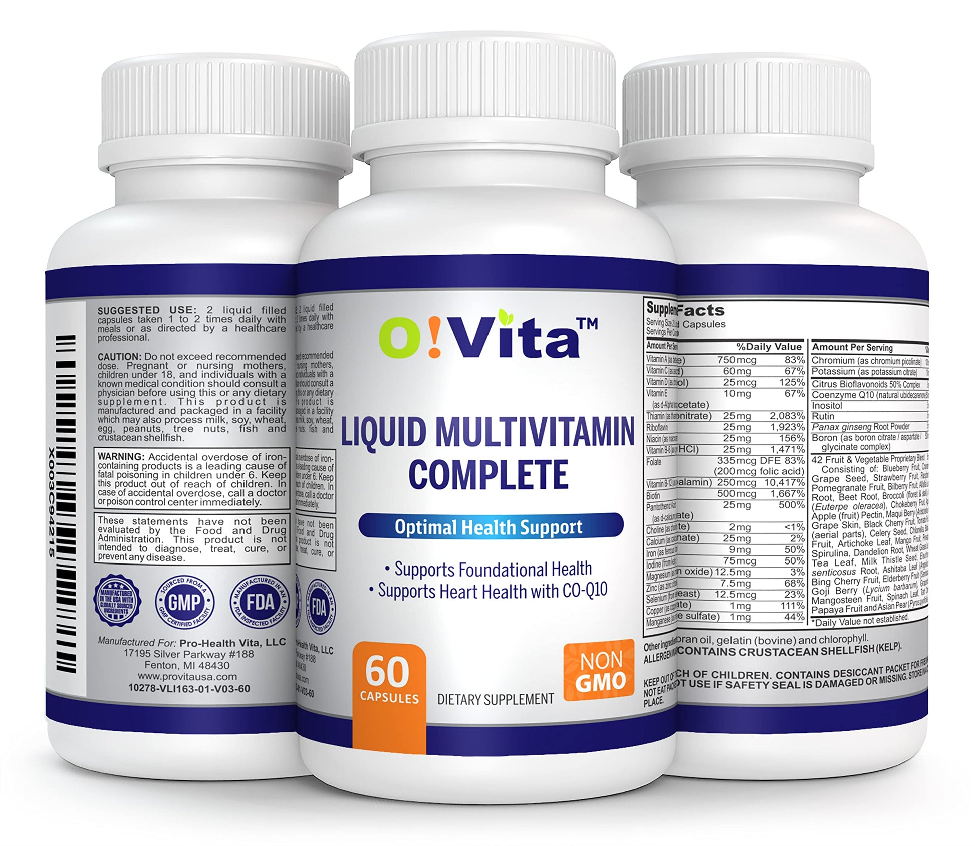 O!VITA Liquid Multivitamin Complete, with a Full Spectrum of Vitamins and Minerals, Plus 42 Fruits and Vegetable Proprietary Blend, Easy Absorption (60 Vegan Liquid Filled Capsules) O!VITAAu supplements