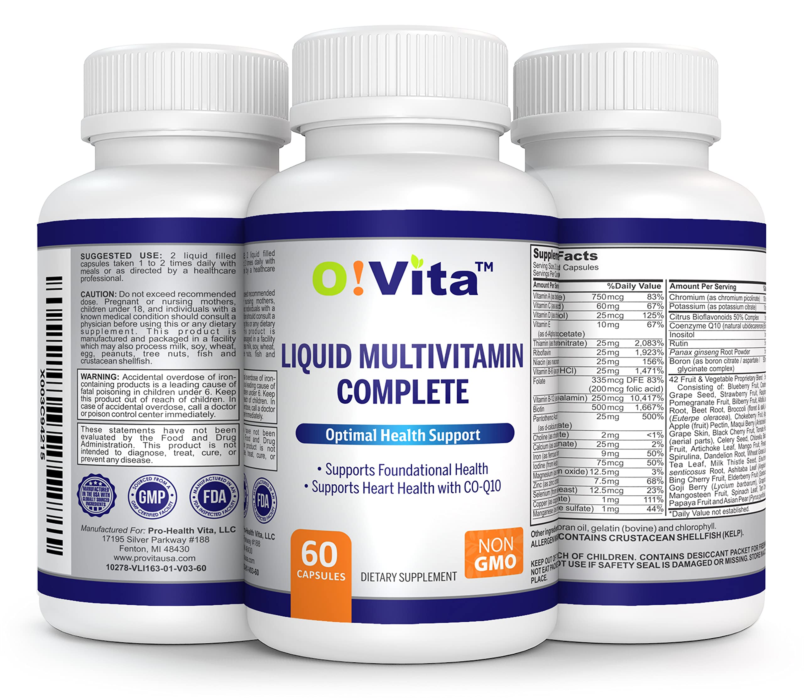 O!VITA Liquid Multivitamin Complete, with a Full Spectrum of Vitamins and Minerals, Plus 42 Fruits and Vegetable Proprietary Blend, Easy Absorption (60 Vegan Liquid Filled Capsules) O!VITAAu supplements