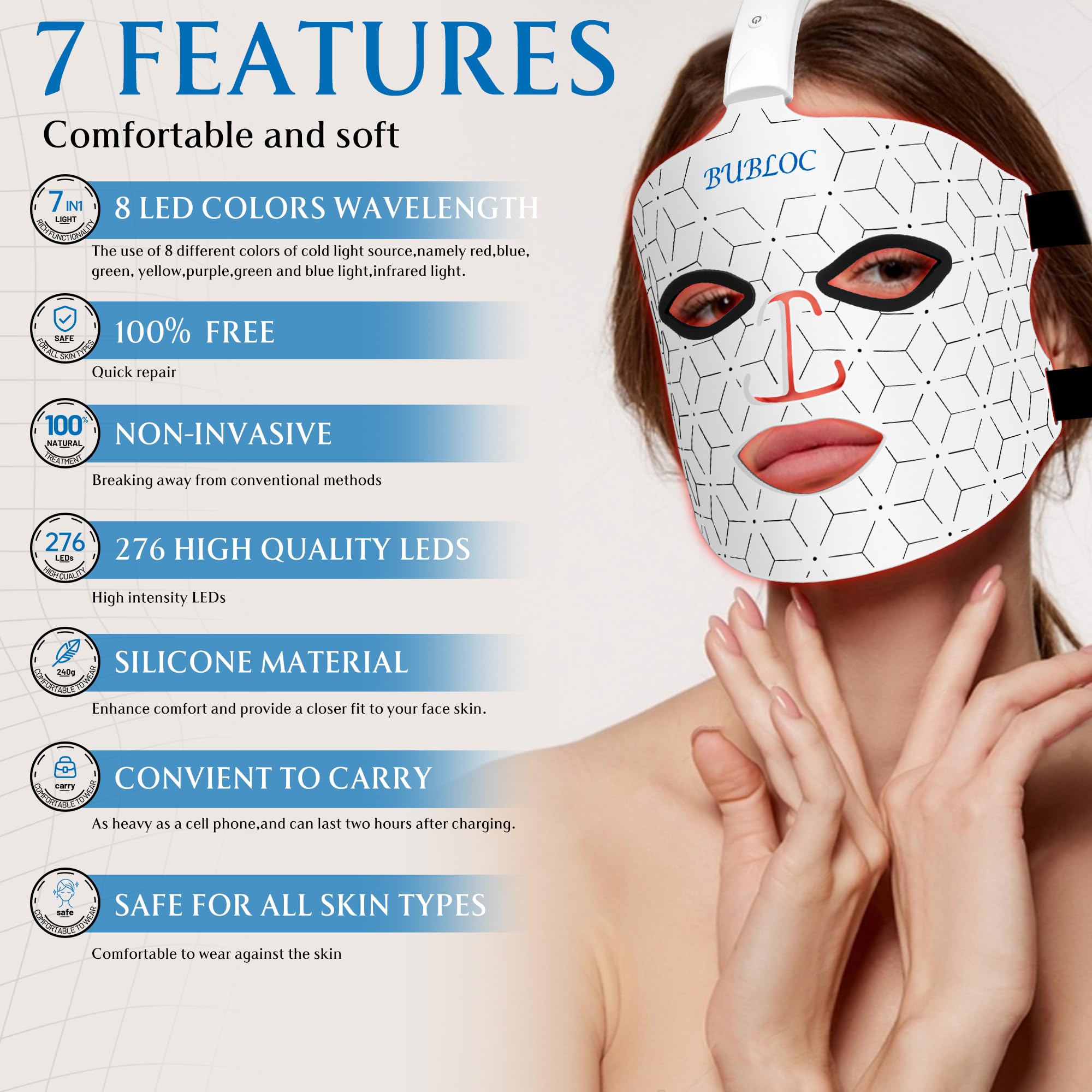 BUBLOC Red Light Therapy Mask, Led Contour Face Mask Light Therapy, 7 Color Red Light Face Mask BUBLOCAu supplements