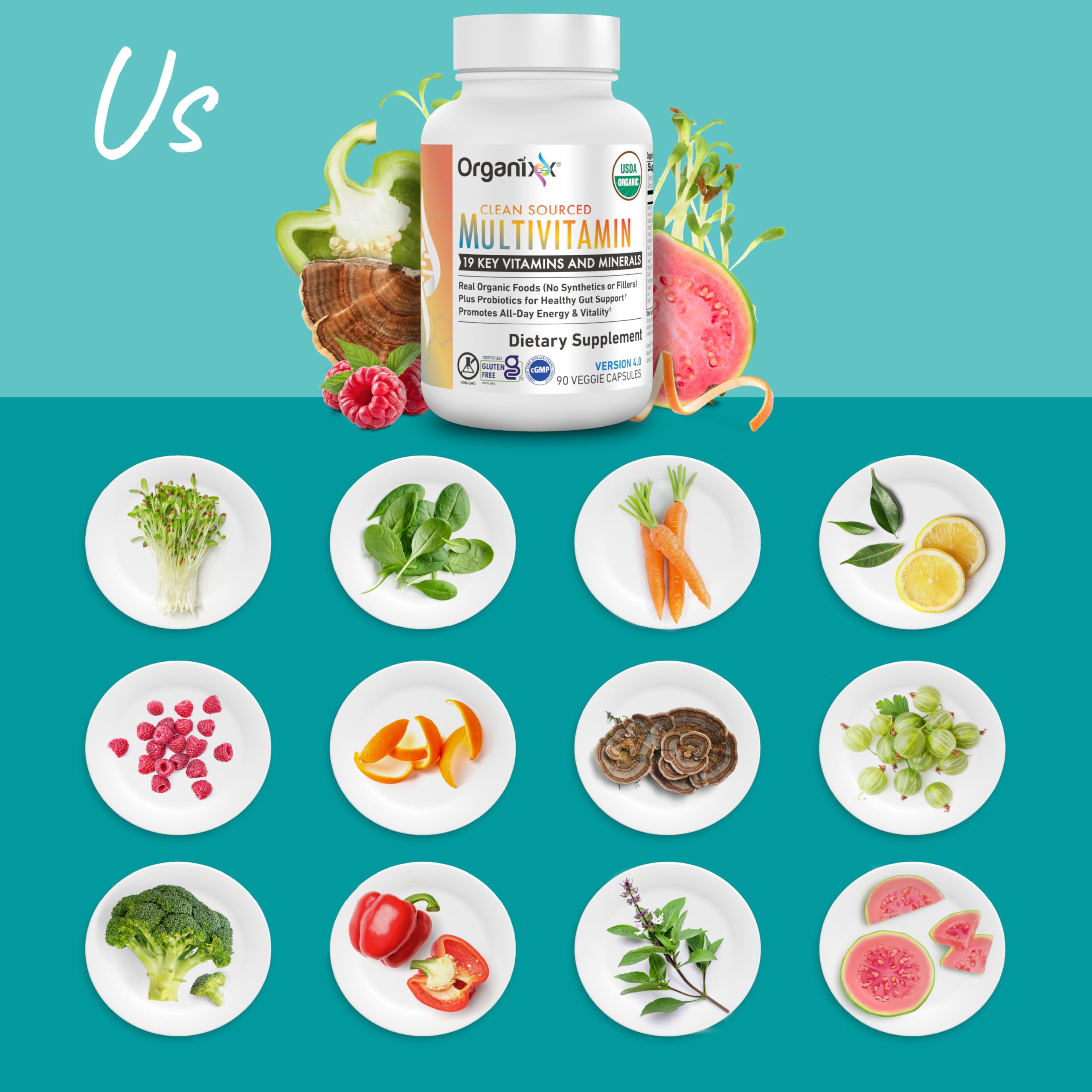 Organixx Clean Sourced Multivitamin for Women & Men, w/Vitamin C, D3, Vitamin B Complex, Probiotics, Organic Fruits & Vegetables, Supports Digestive Gut Health, Immune Support, 90 Vegan Gel Capsules OrganixxAu supplements
