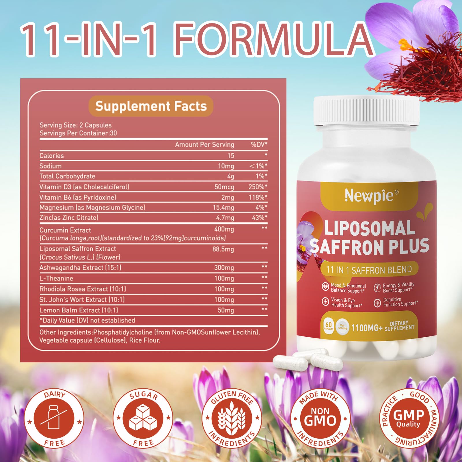 Newpie Saffron Supplements - 100% Pure Saffron Extract Capsules - Natural Mood Enhancer, Supports Eye & Heart Health, Boosts Energy - Premium Supplement for Women & Men（60 Servings (1) NewpieAu supplements