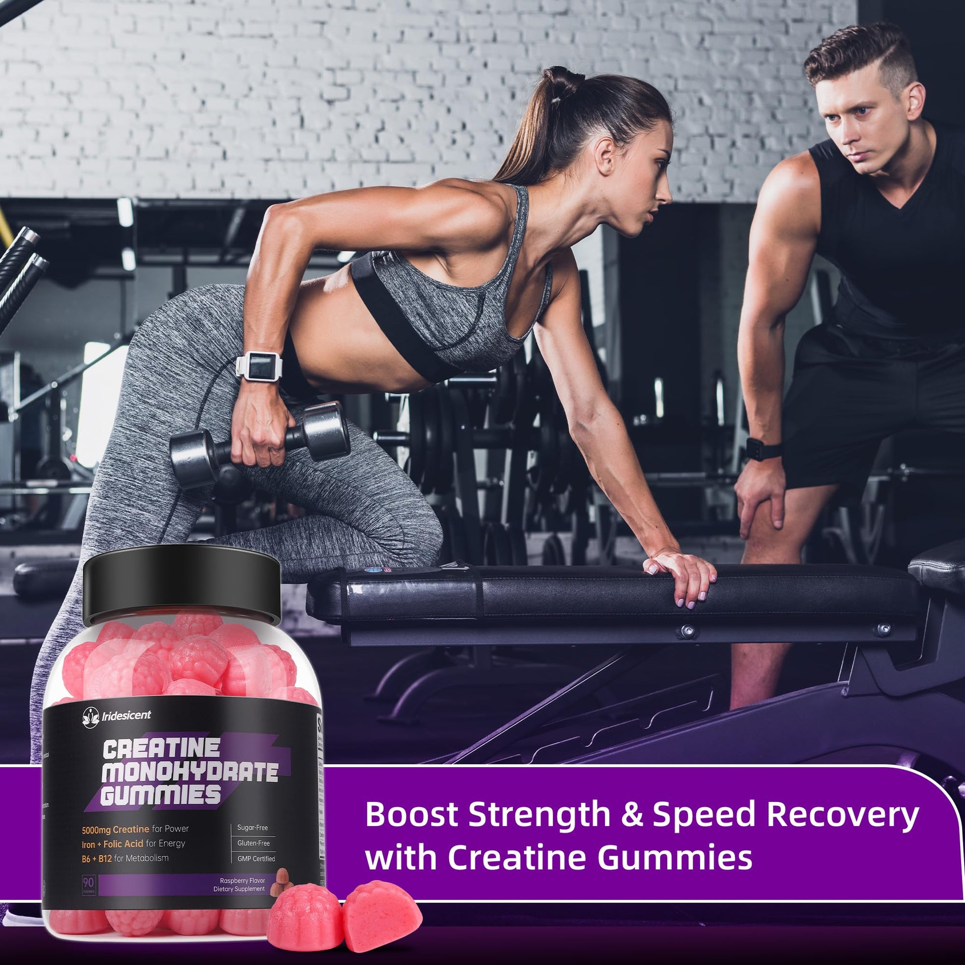 IRIDESICENT Creatine Monohydrate Gummies 5000mg w/Iron, Vitamin B6 & B12, Sugar Free 5g Creatine Supplements for Women and Men Boost Energy & Muscle Recovery - 90 Raspberry Gummies IRIDESICENTAu supplements