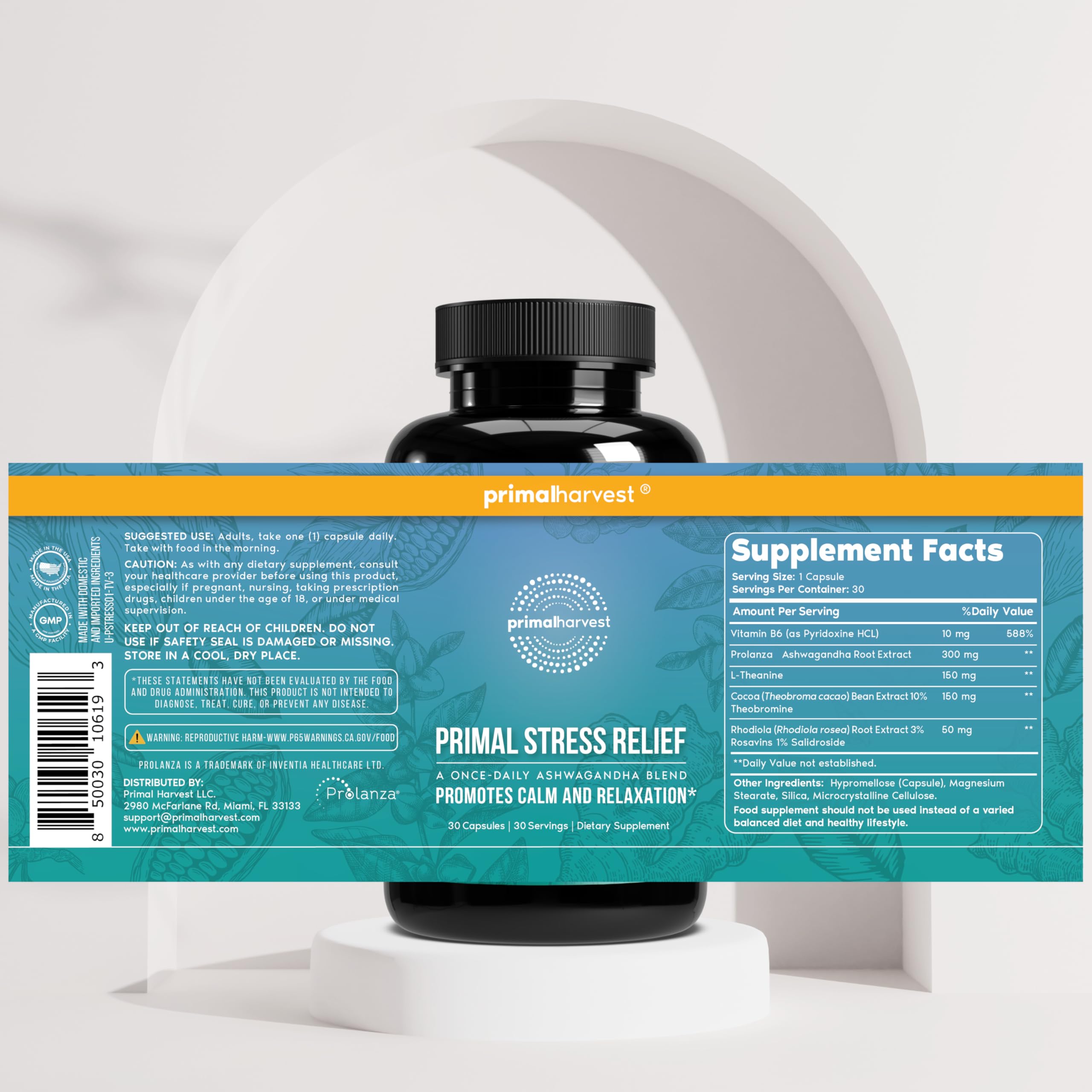 Primal Harvest Stress Relief Supplement for Women and Men Pure Ashwagandha Root Extract, L-Theanine Supplements, 30 Capsules Primal HarvestAu supplements