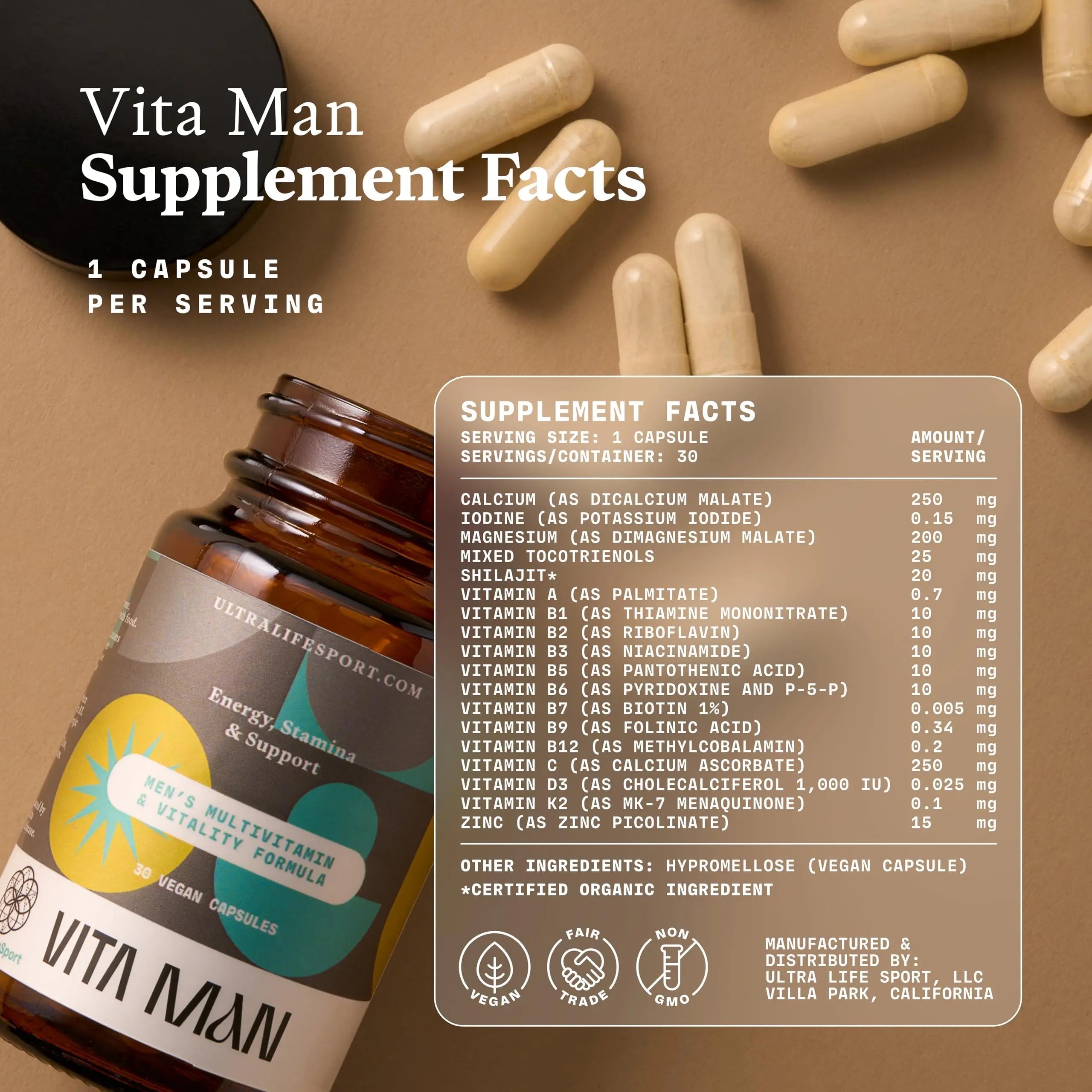 Ultra Life Sport - VITA Man Premium Men's Multivitamin - 30 Capsule Daily Vitamins for Men with Vitamin E, K2 MK-7, and B Vitamins for Maximum Absorption Ultra Life SportAu supplements