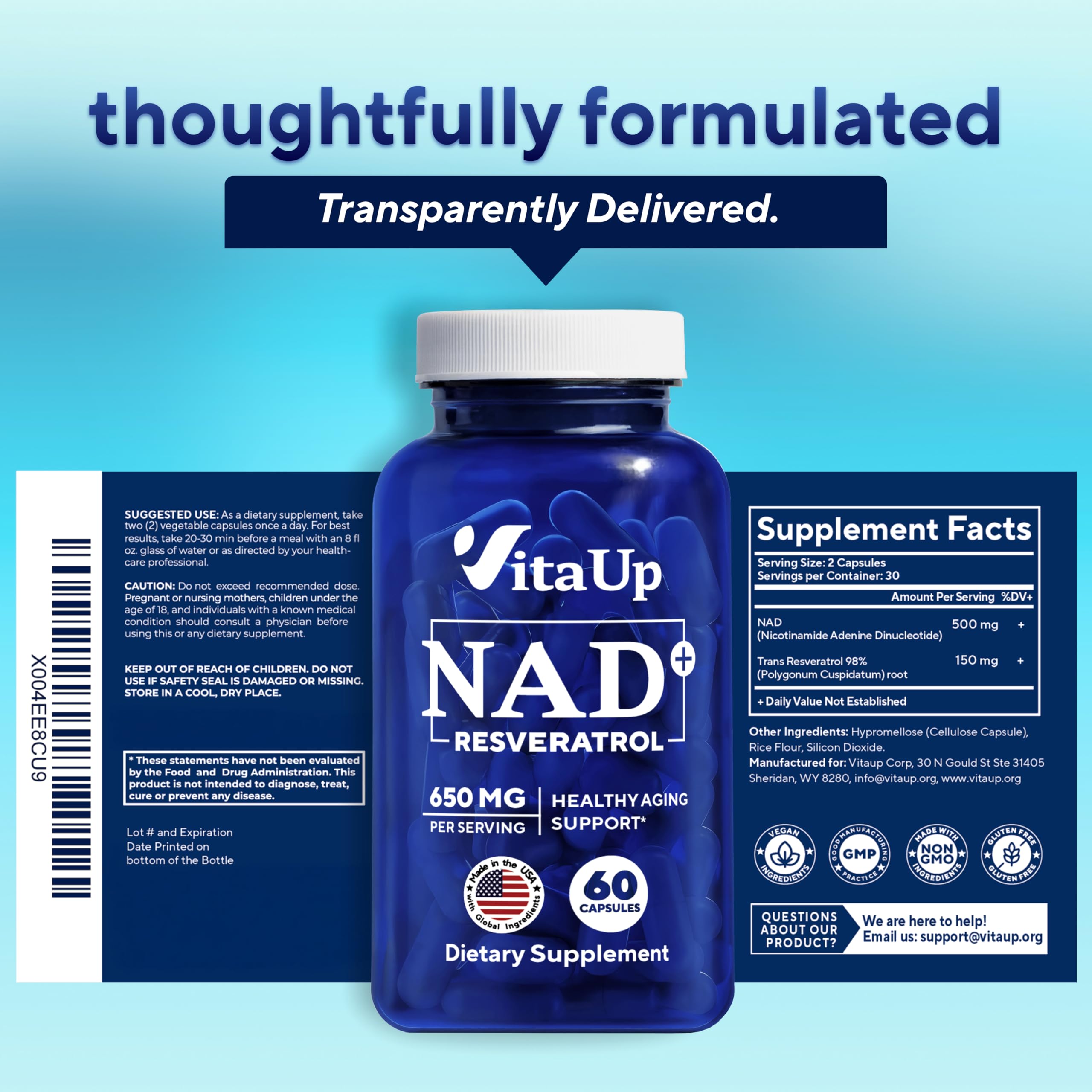 VitaUp NAD+ Resveratrol Supplement - USA Made Trans Resveratrol NAD Supplement 650mg - Nicotinamide Adenine Dinucleotide Capsules for Healthy Aging, Energy & Focus Support - 60 Count VitaUpAu supplements