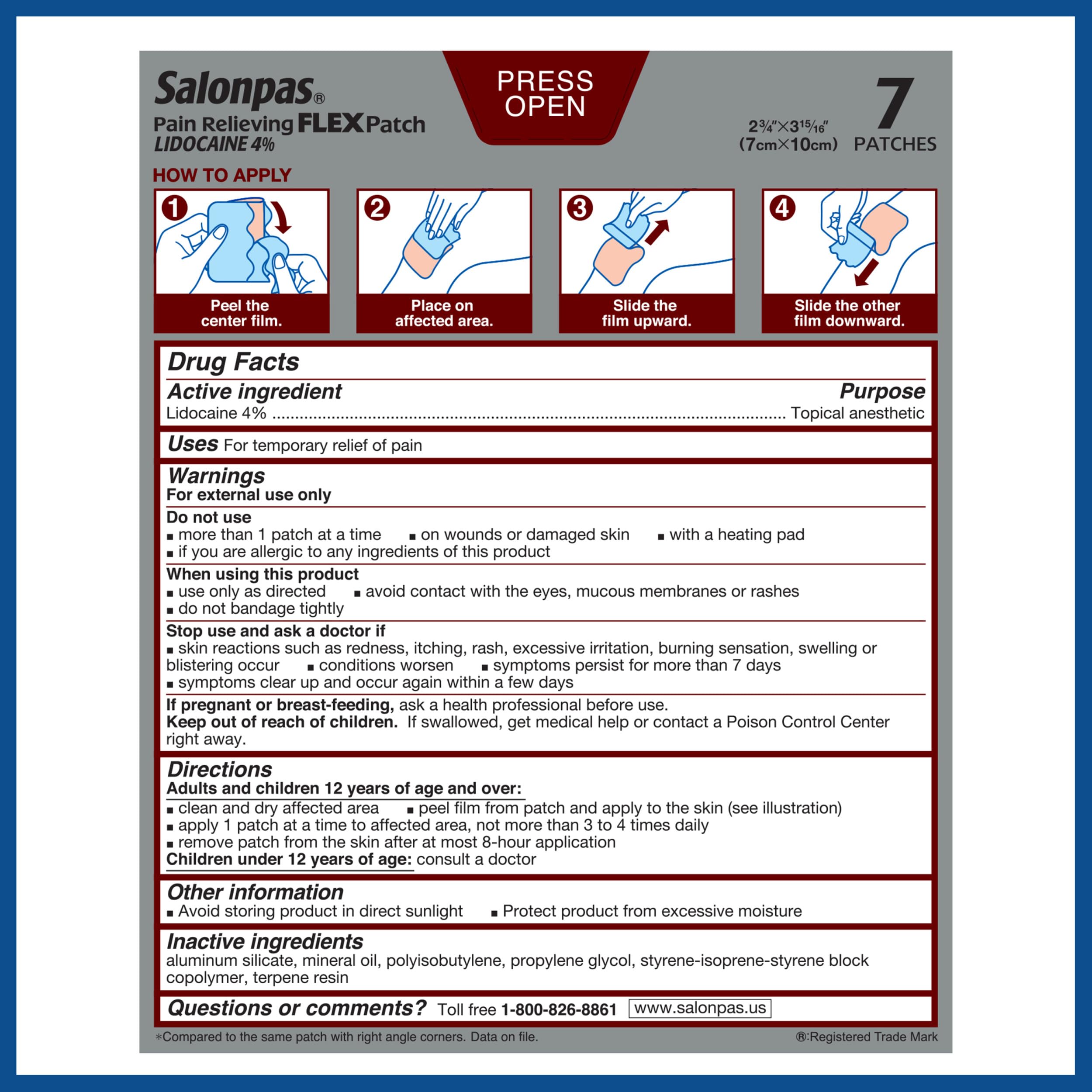 Salonpas Maximum OTC Strength Lidocaine 4% Pain Relieving Flex Patch, Apply for Up to 8 Hours, Unscented, Thin, Flexible, Lightweight, Patch Stays in Place, 7 Patches SalonpasAu supplements