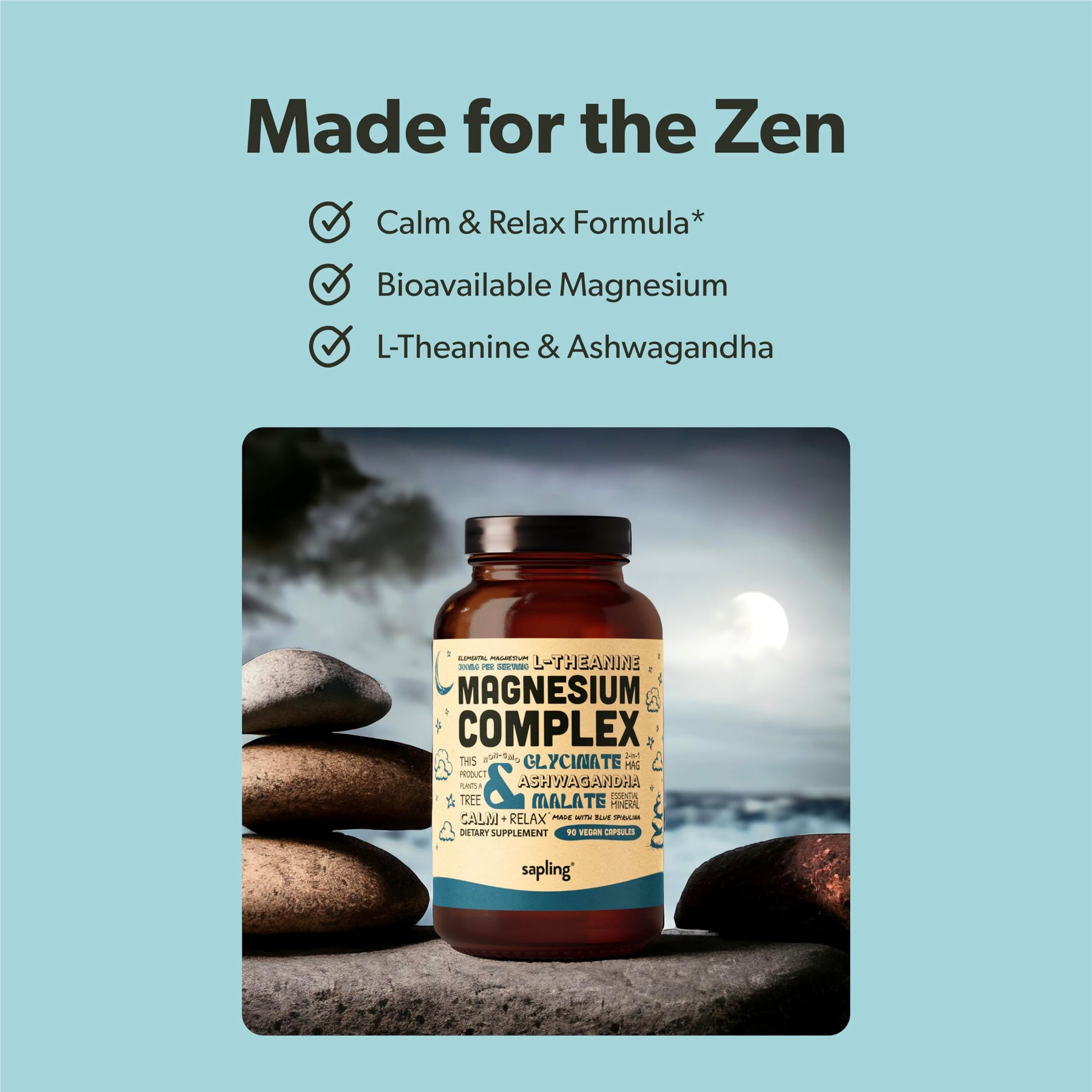 Magnesium Glycinate Complex Supplement - Chelated Magnesium Glycinate with Malate, Organic Ashwagandha, L-theanine & Blue Spirulina - High Absorption, Vegan, Non-GMO, 300mg, 90 Veggie Caps saplingAu supplements