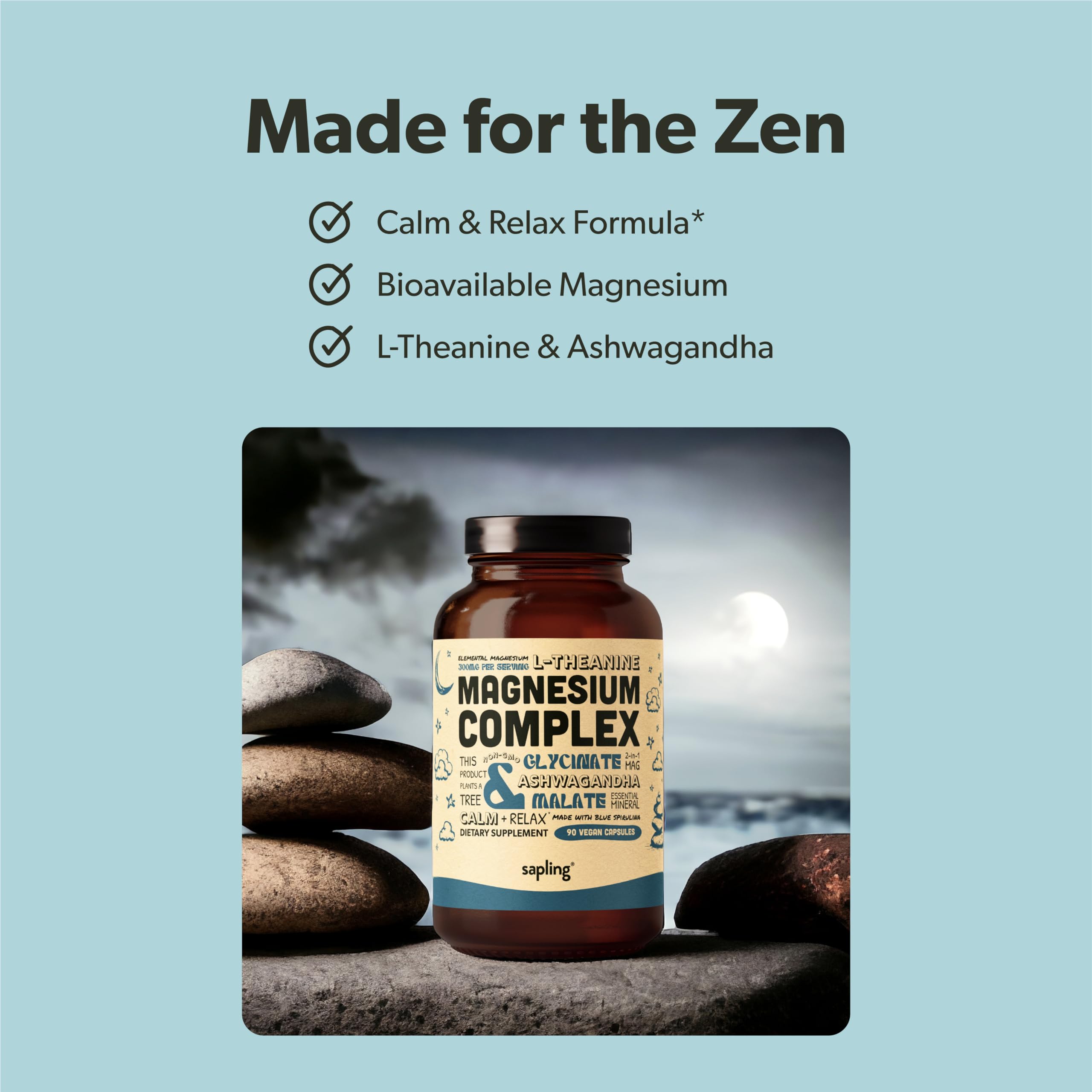 Magnesium Glycinate Complex Supplement - Chelated Magnesium Glycinate with Malate, Organic Ashwagandha, L-theanine & Blue Spirulina - High Absorption, Vegan, Non-GMO, 300mg, 90 Veggie Caps saplingAu supplements