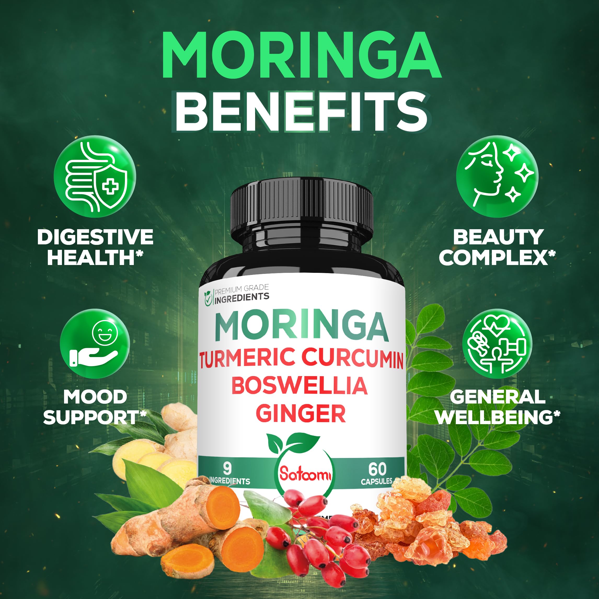 Satoomi 9in1 Moringa Capsules - Featuring Moringa, Turmeric, Boswellia, Ginger, Ashwagandha, Ceylon Cinnamon and Milk Thistle, and Resveratrol | Support Mood, Heart & Overall Health - 60 Count SatoomiAu supplements