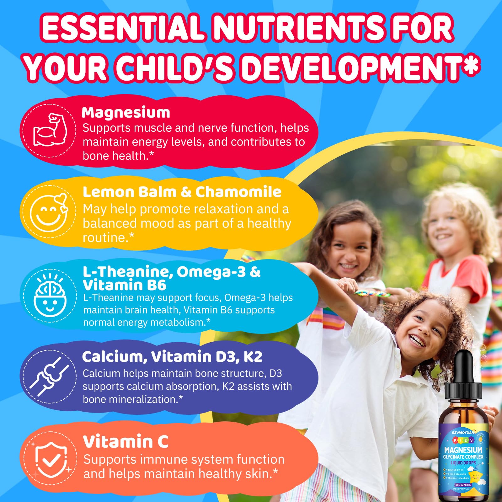 Kids Magnesium Glycinate Liquid Drops‌ – with L-Theanine, Omega-3, Vitamins B6 & D3, Zinc & Calcium – for Sleep Support, Relaxation, Focus & Brain, Bones – Strawberry Flavor, 2 Fl Oz GZ HAOYUANAu supplements